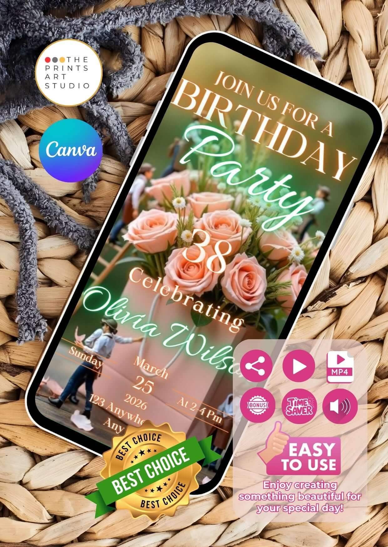 Birthday Video Invitation on phone screen with pink roses and party details, featuring Canva logo, promoting editable and user-friendly design.