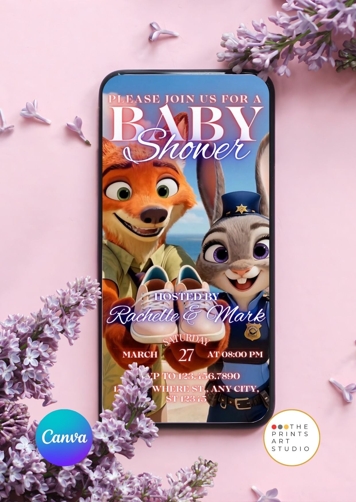 Zootopia baby shower video invitation with animated animal-style characters on smartphone screen surrounded by flowers.