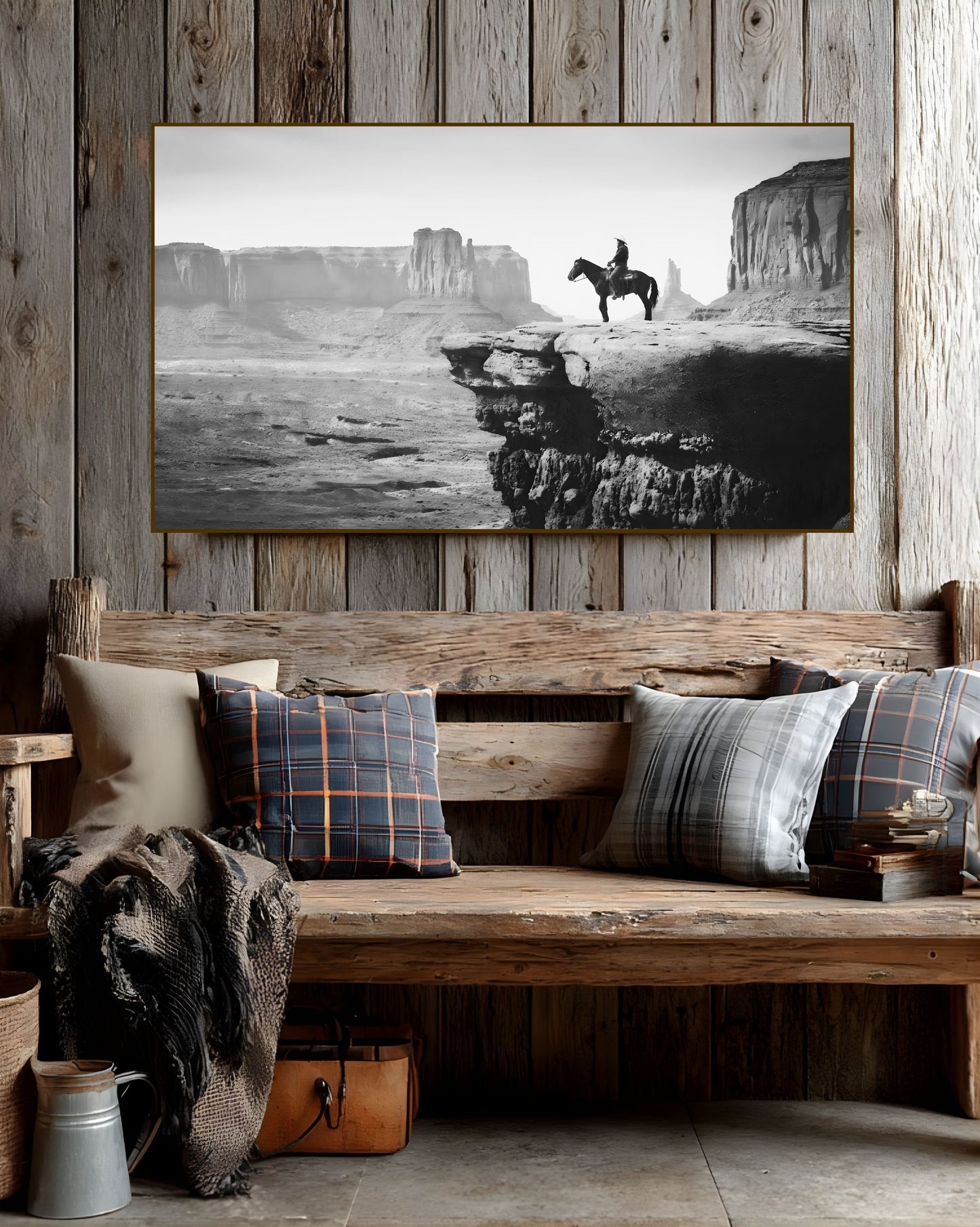 Western Wall Art Print featuring a black and white cowboy landscape in an American West setting above a rustic wooden bench.