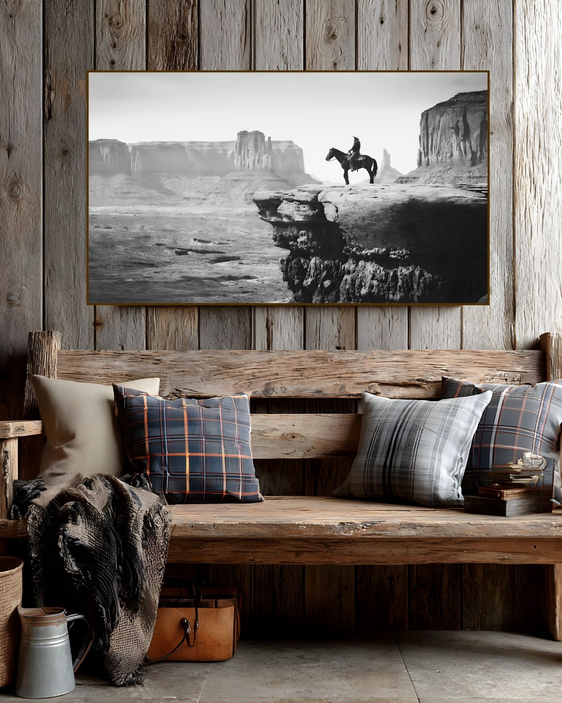 Western Wall Art Print featuring a black and white cowboy landscape in an American West setting above a rustic wooden bench.
