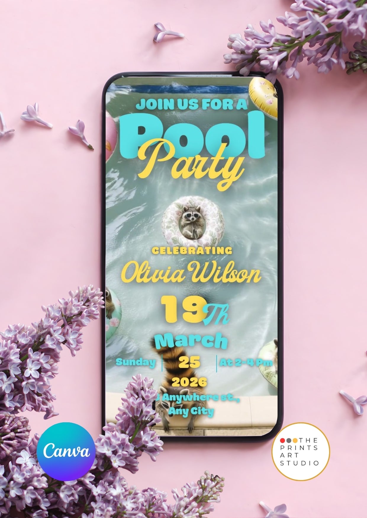 Pool Party Video Invitation template displayed on a phone screen with floral decoration, customizable via Canva.