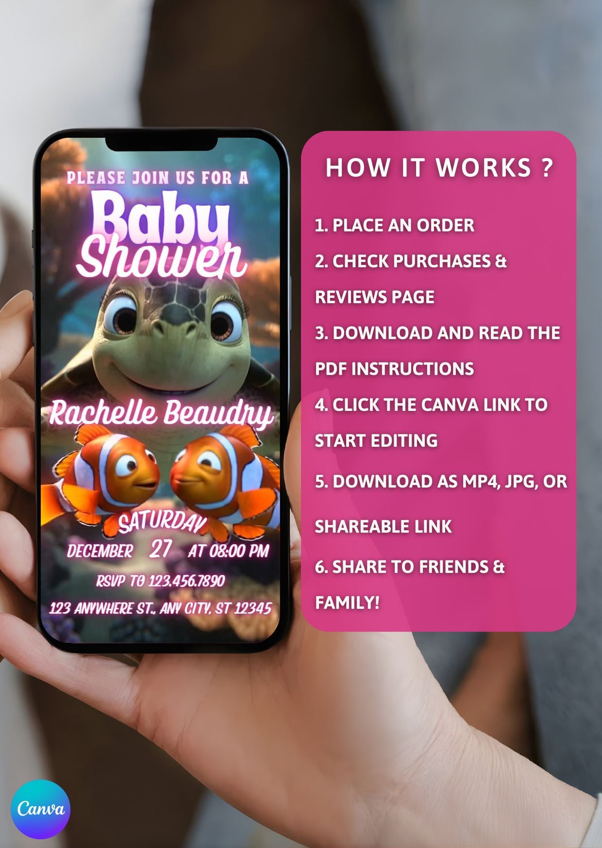 Person holding a phone displaying a Baby Shower Video Invitation Template with under the sea theme in Canva interface.