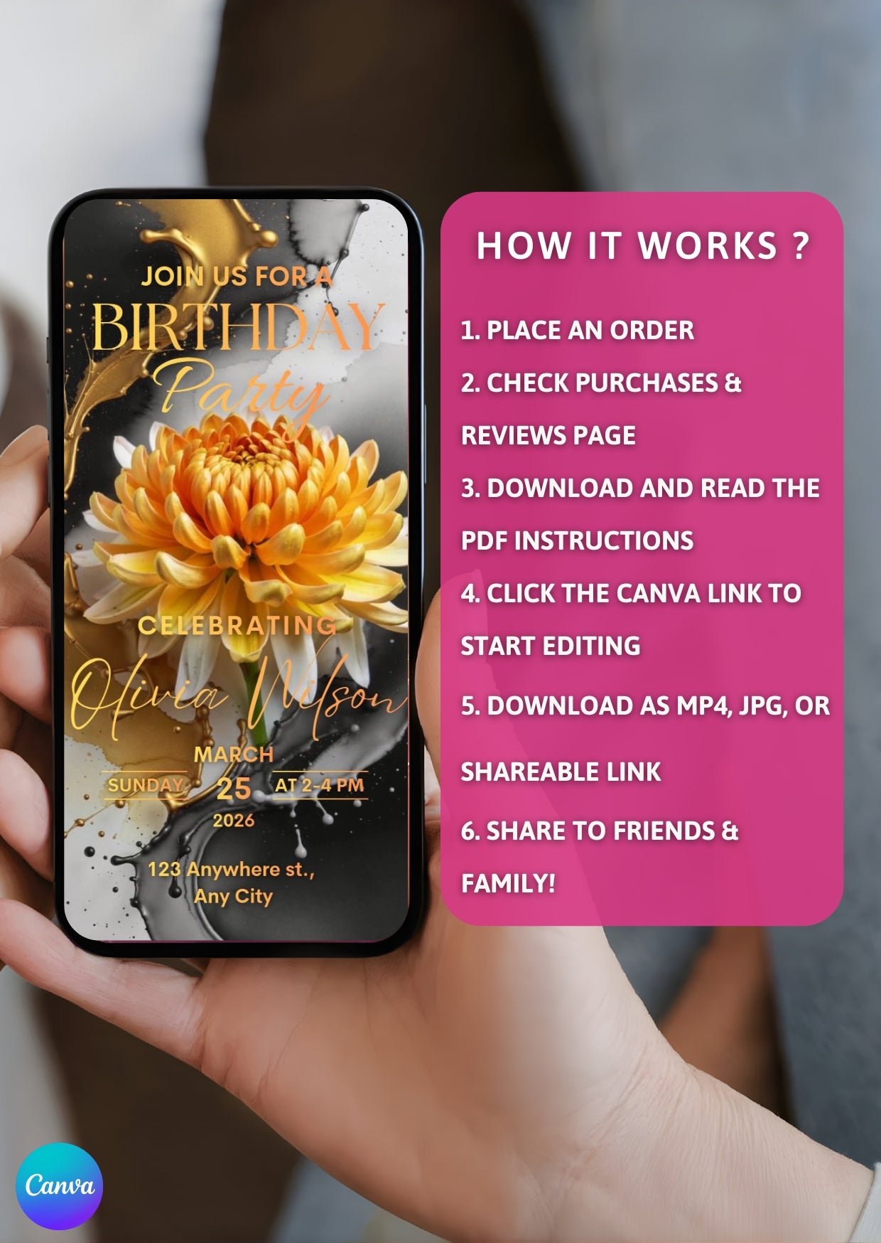 Editable Birthday Video Invitation Template Golden Floral Party Invite on smartphone screen with instructions for use