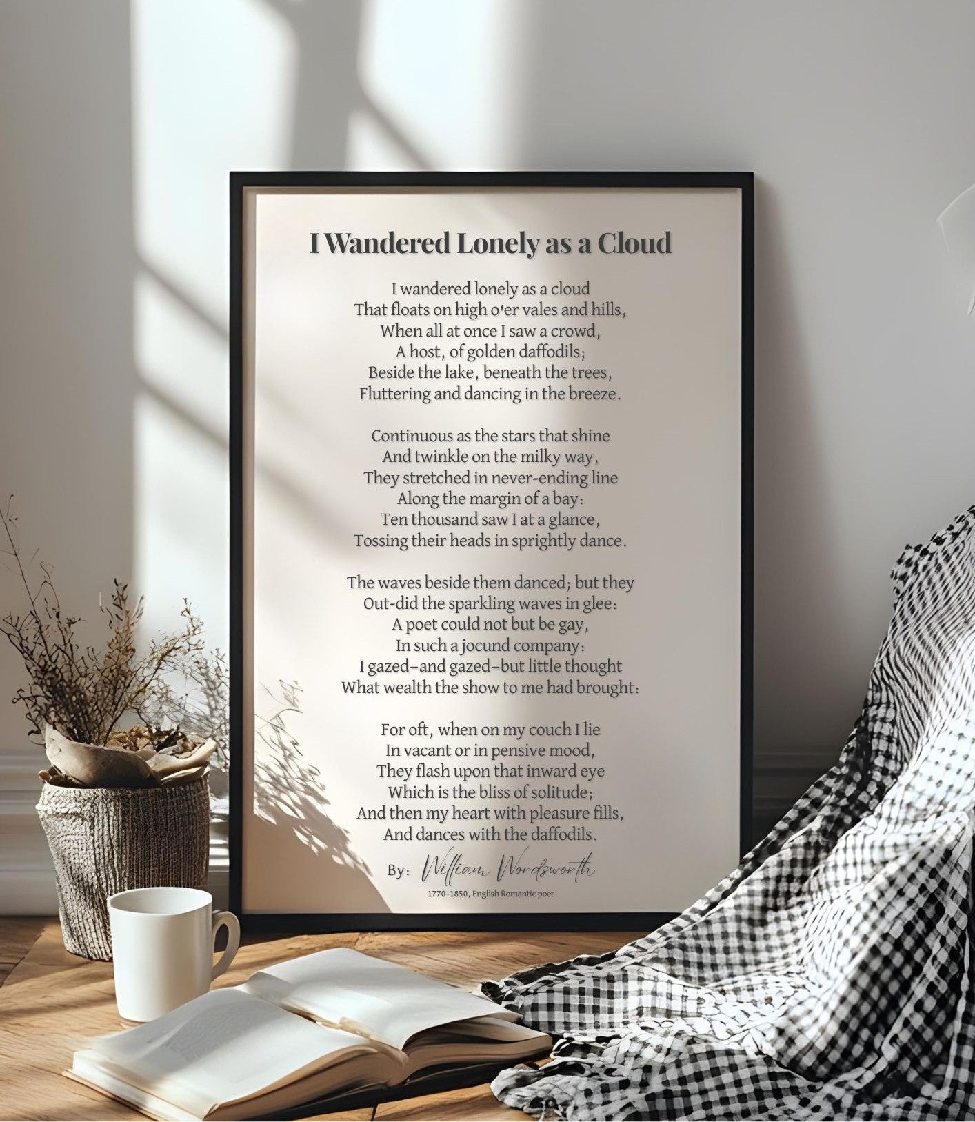 I Wandered Lonely as a Cloud Poem Print – Literary Wall Art displayed on a sunlit table.