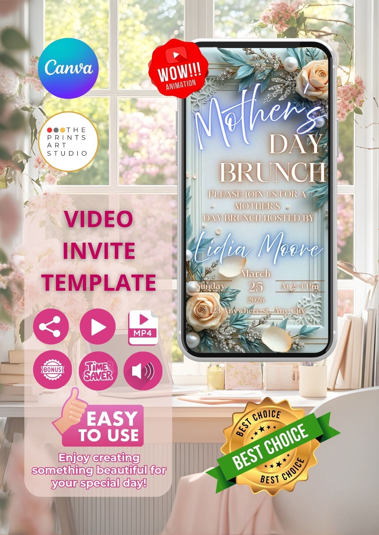 Mother’s Day Video Invitation - Elegant Brunch template on Canva MP4 with floral design.