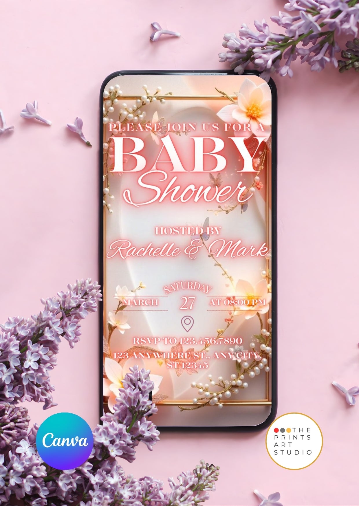 floral baby shower video invitation displayed on a smartphone with pink and purple flowers
