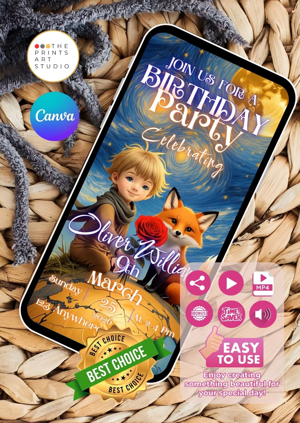Little Prince Style Birthday Video Invitation showing child with fox illustration on phone screen