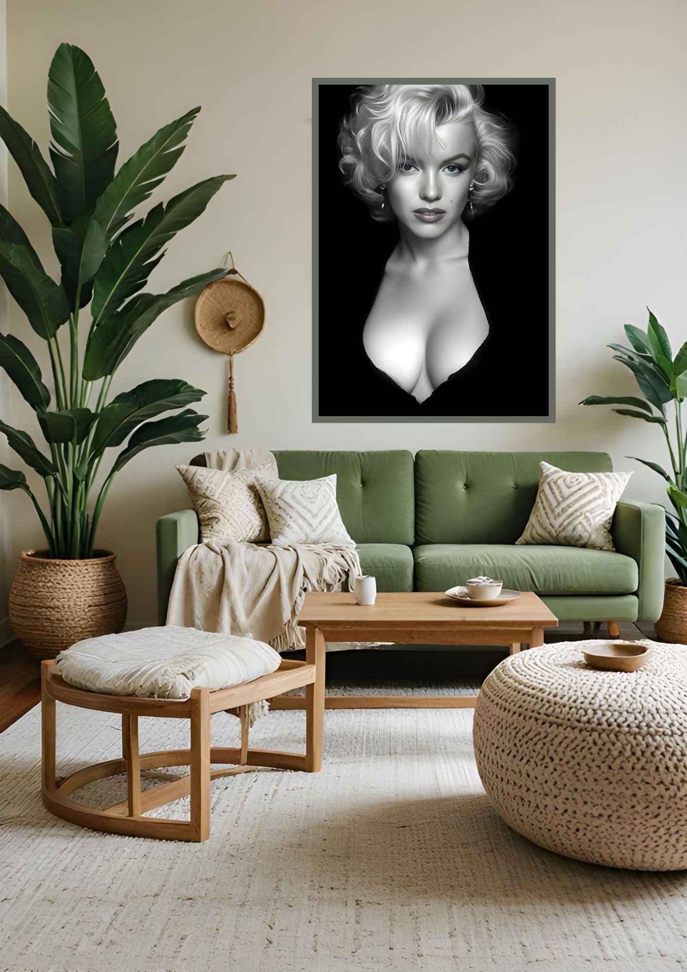 Vintage Hollywood Glamour Wall Art featuring retro 1950s portrait in elegant living room setting with plants and green sofa.
