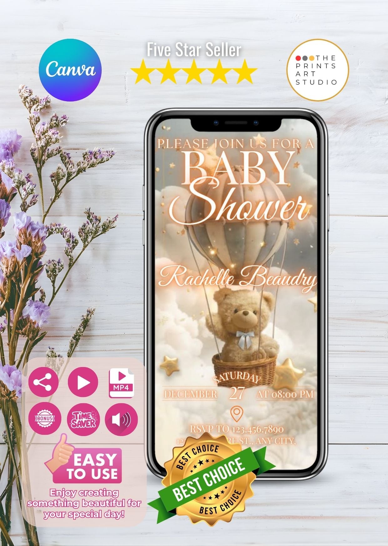 Teddy Bear Baby Shower Video Invitation  Editable Canva MP4
