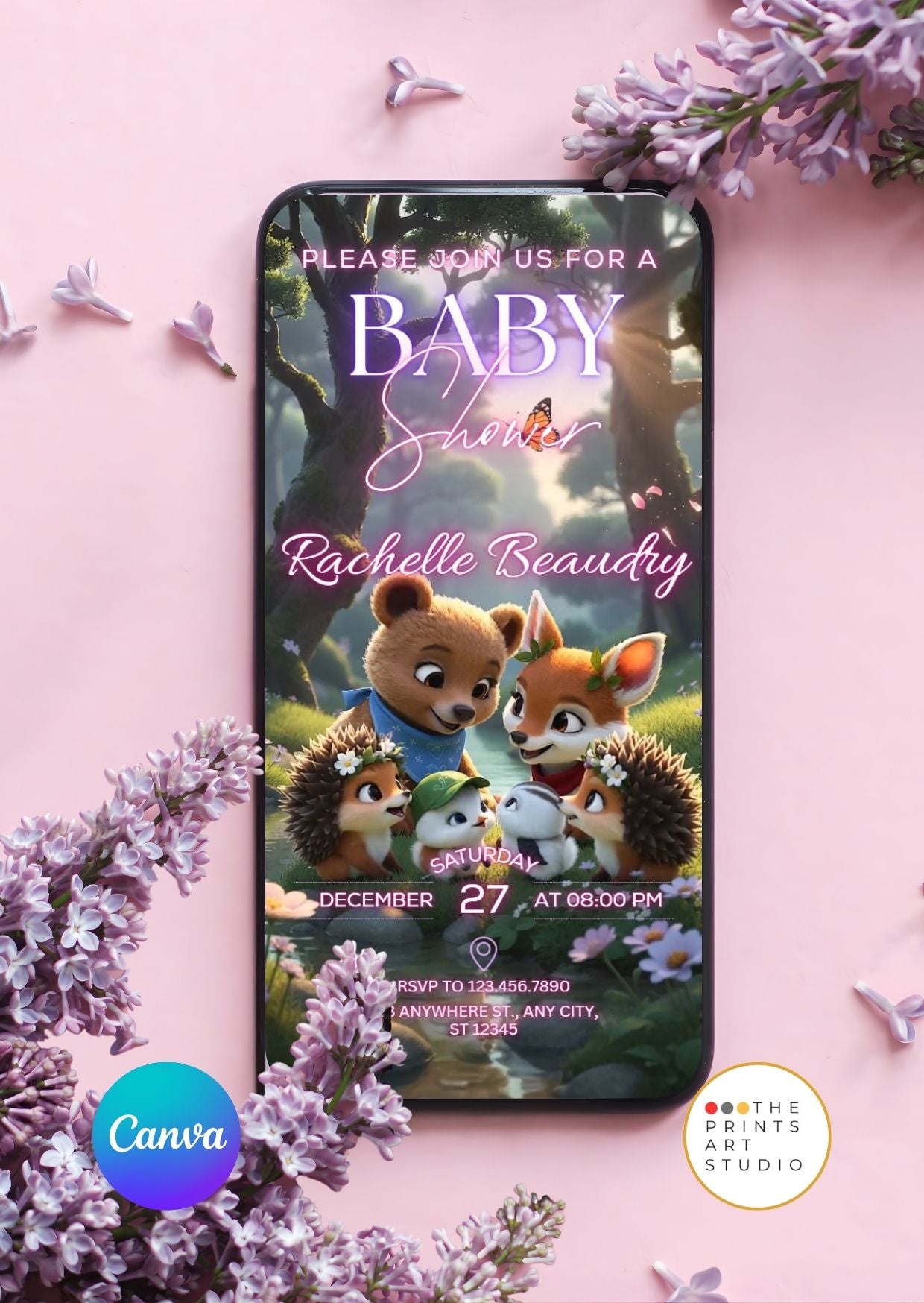 Editable Baby Shower Video Invitation with woodland animals and floral design on a smartphone screen.