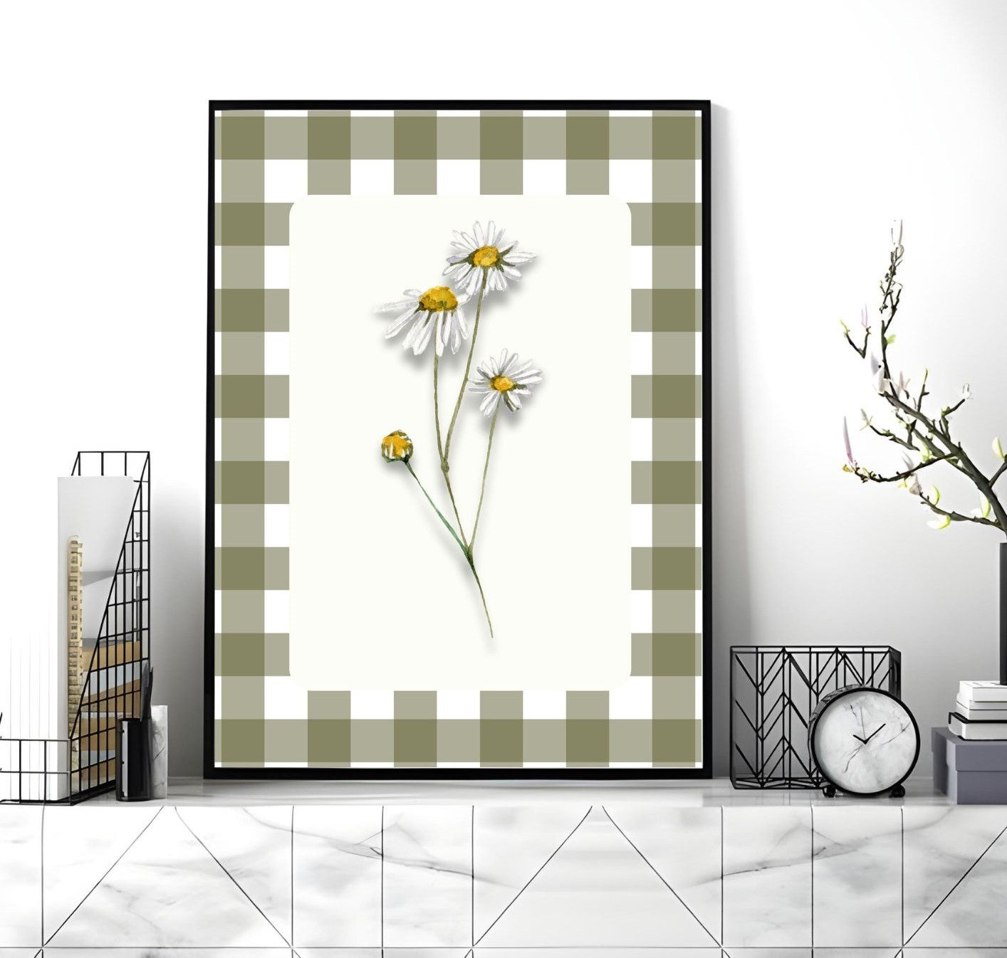 Summer Daisy Wall Art Printable – Farmhouse Kitchen Decor – Gingham Country Style Botanical Art