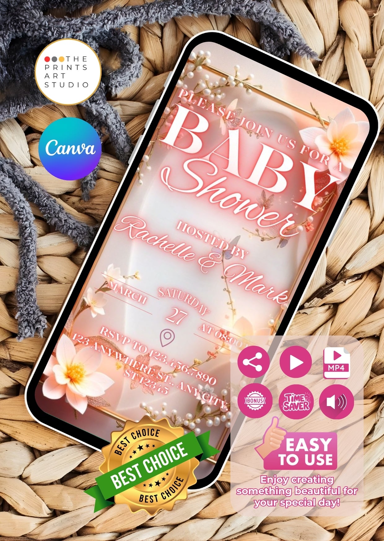 floral baby shower video invitation with pink floral design on smartphone screen
