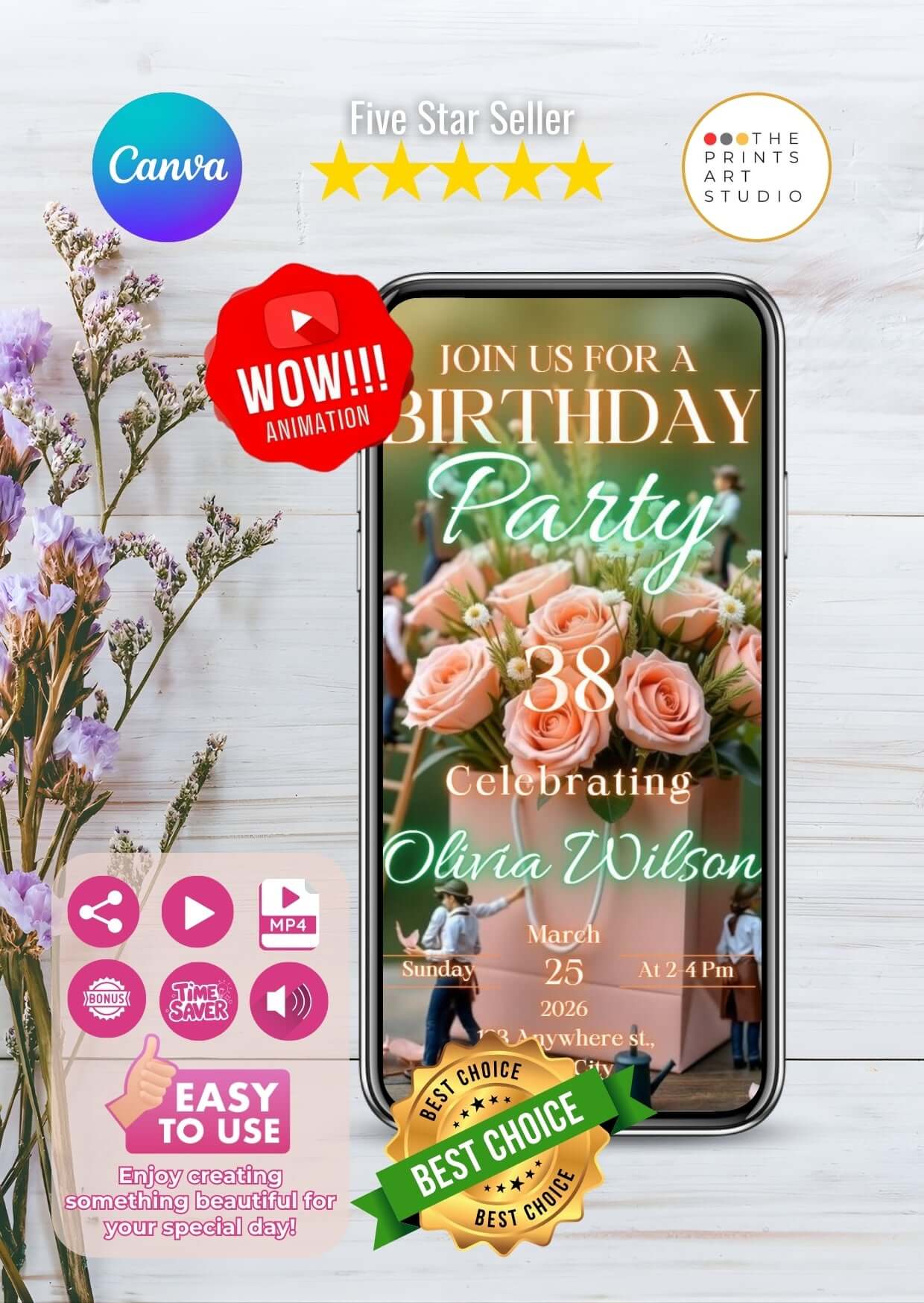 Birthday Video Invitation template showing floral-themed animated design on smartphone screen with Canva and Best Choice badges.