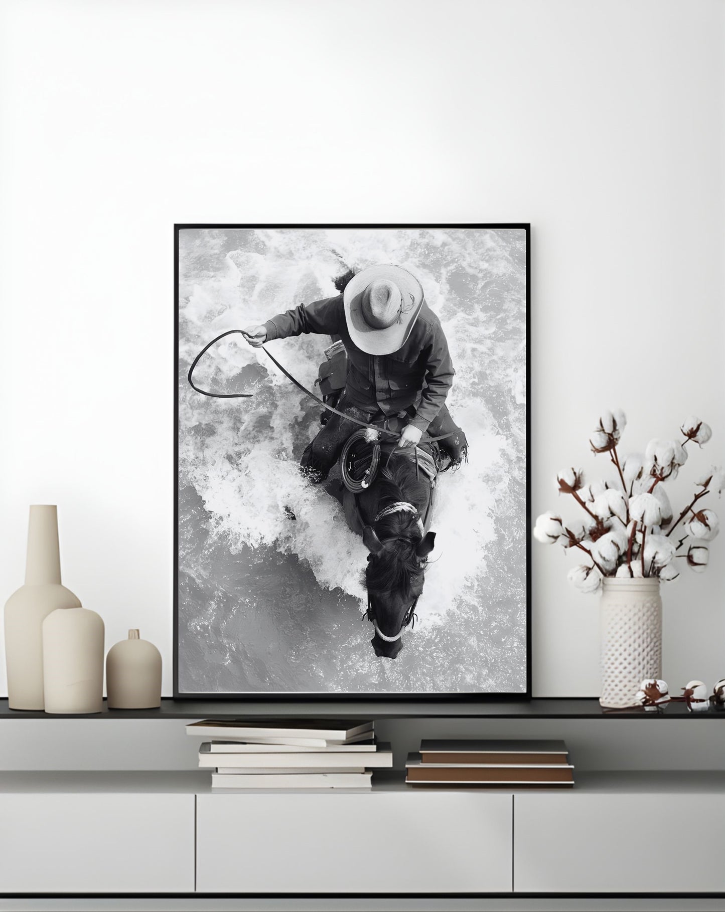 Western Horse Wall Art - Cowboy guiding horse through water in black and white print