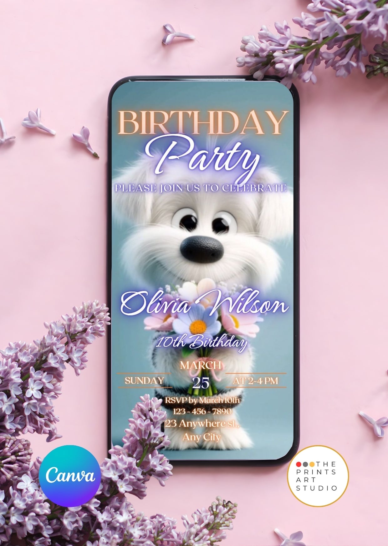 Puppy Birthday Video Invitation on smartphone surrounded by lavender flowers.