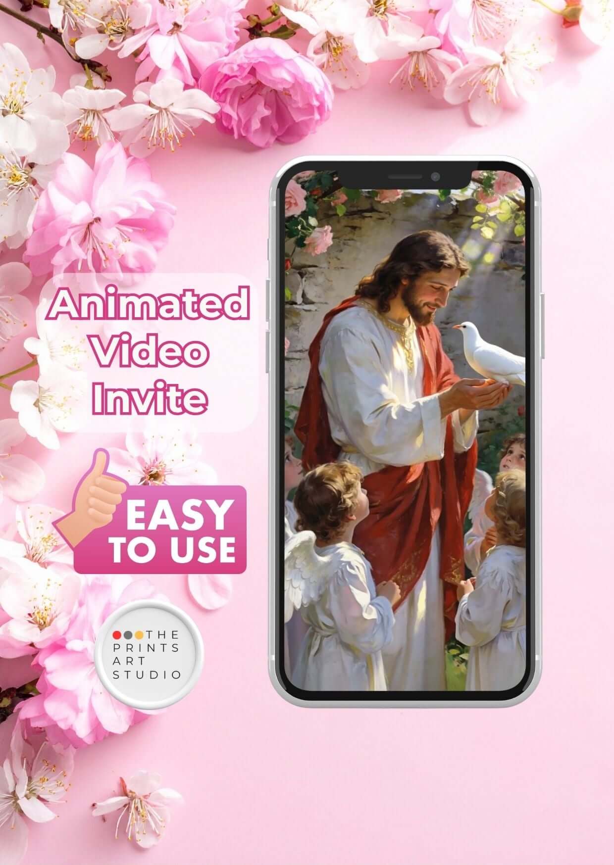 Baptism video invitation displayed on a phone with animated elements and floral background, easy to use design.