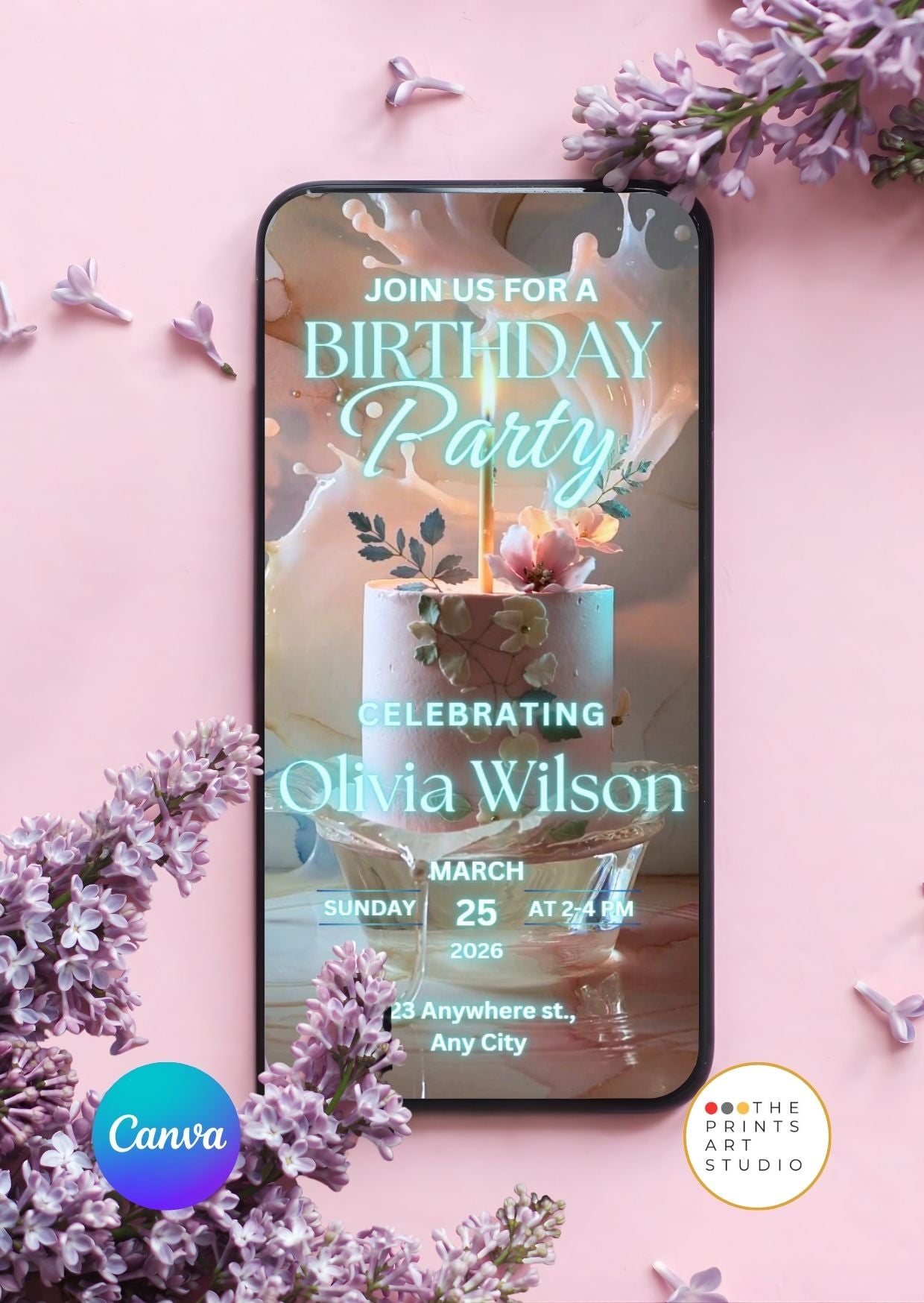 Editable birthday video invitation template ice light cake design on smartphone screen with floral background.