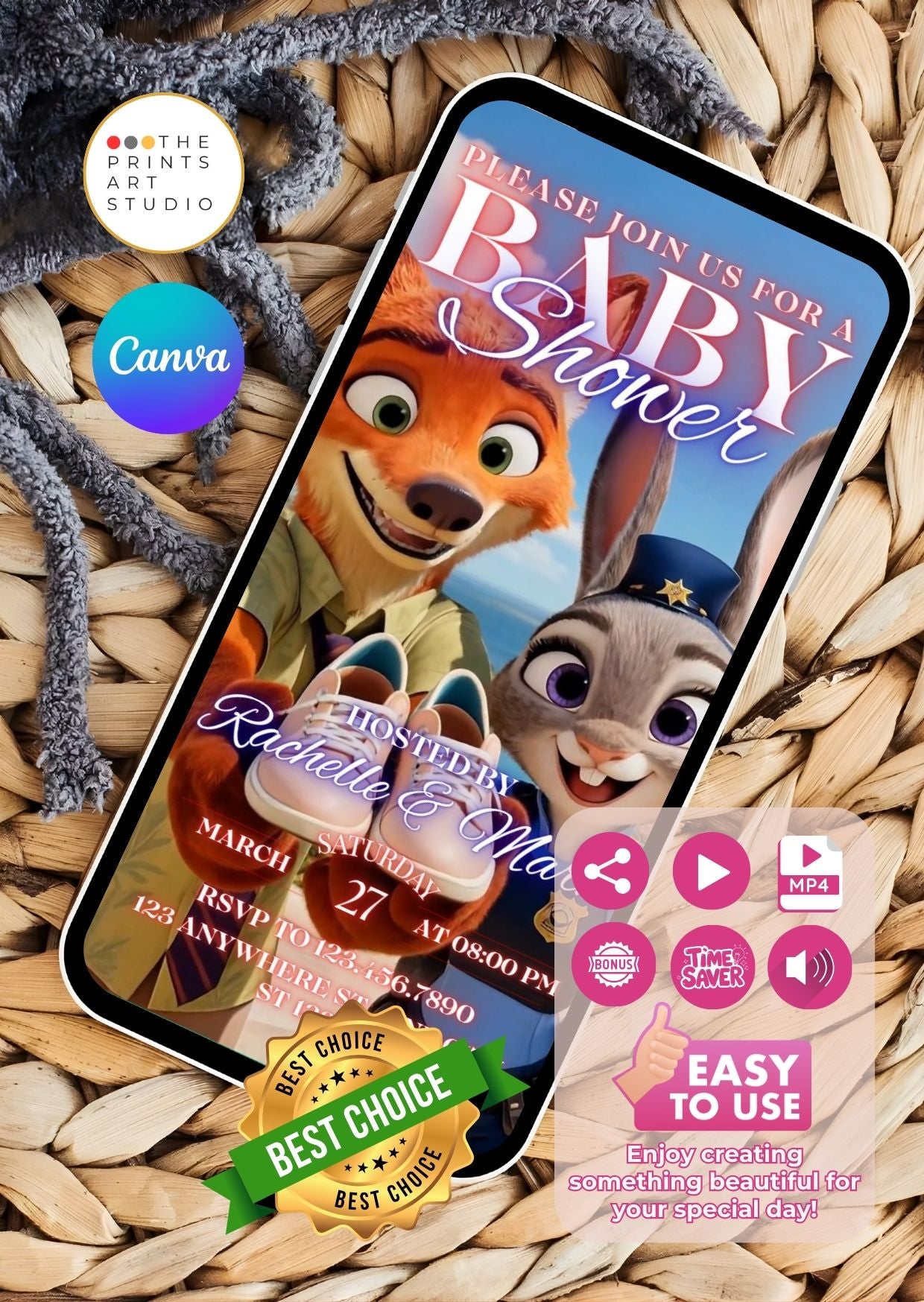 Zootopia baby shower video invitation on smartphone screen with cute animal characters.