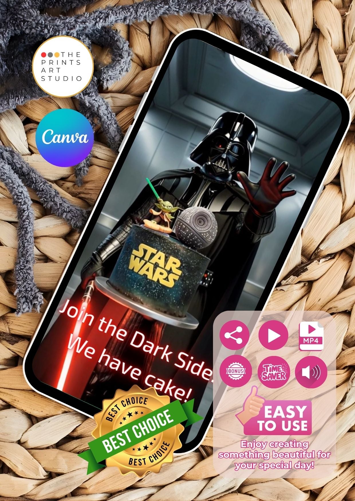 Star Wars Darth Vader Video Invitation on smartphone display with cake and text "Join the Dark Side. We have cake!"