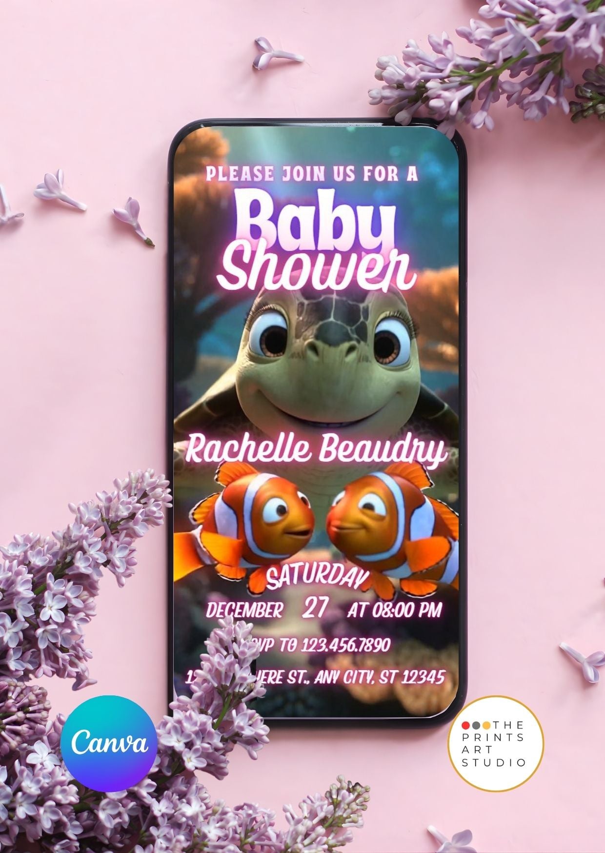 Baby Shower Video Invitation Template with ocean theme on mobile screen, featuring animated sea creatures like a turtle and clownfish.
