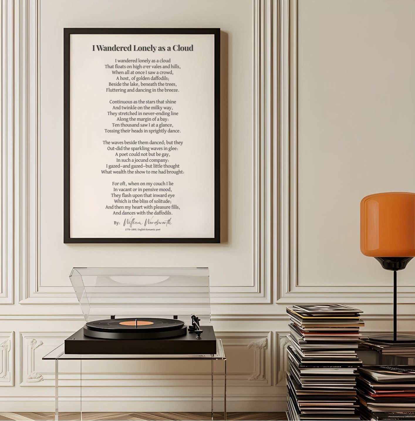 I Wandered Lonely as a Cloud Poem Print – Literary Wall Art featuring Wordsworth's poetry in an elegant home setting.