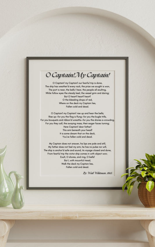 O Captain! My Captain! - Walt Whitman Poem Print, elegant framed wall art with classic serif font, tribute to Abraham Lincoln.