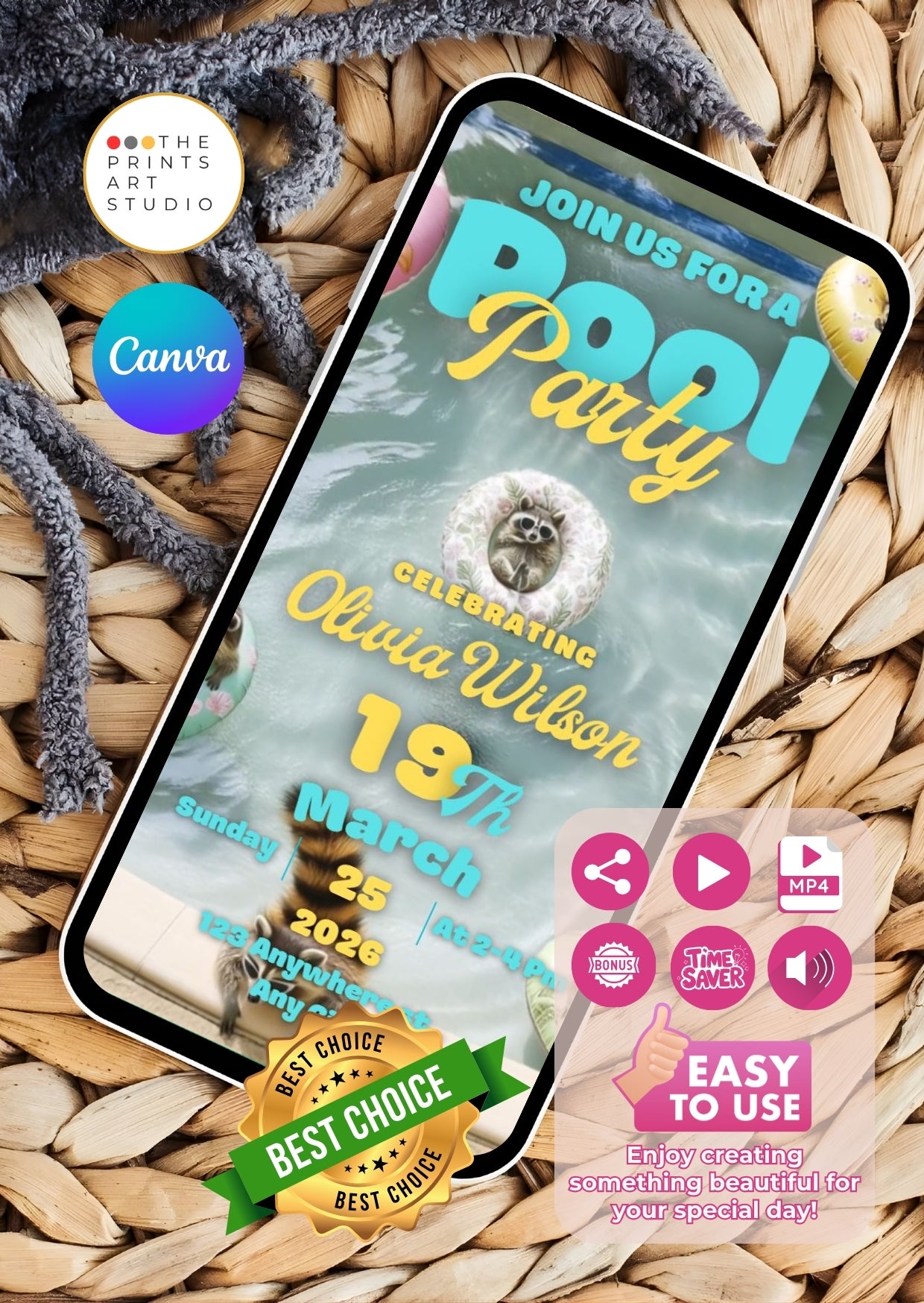 Pool Party Video Invitation displayed on smartphone, editable with Canva, vibrant design. Announce your celebration with playful charm.
