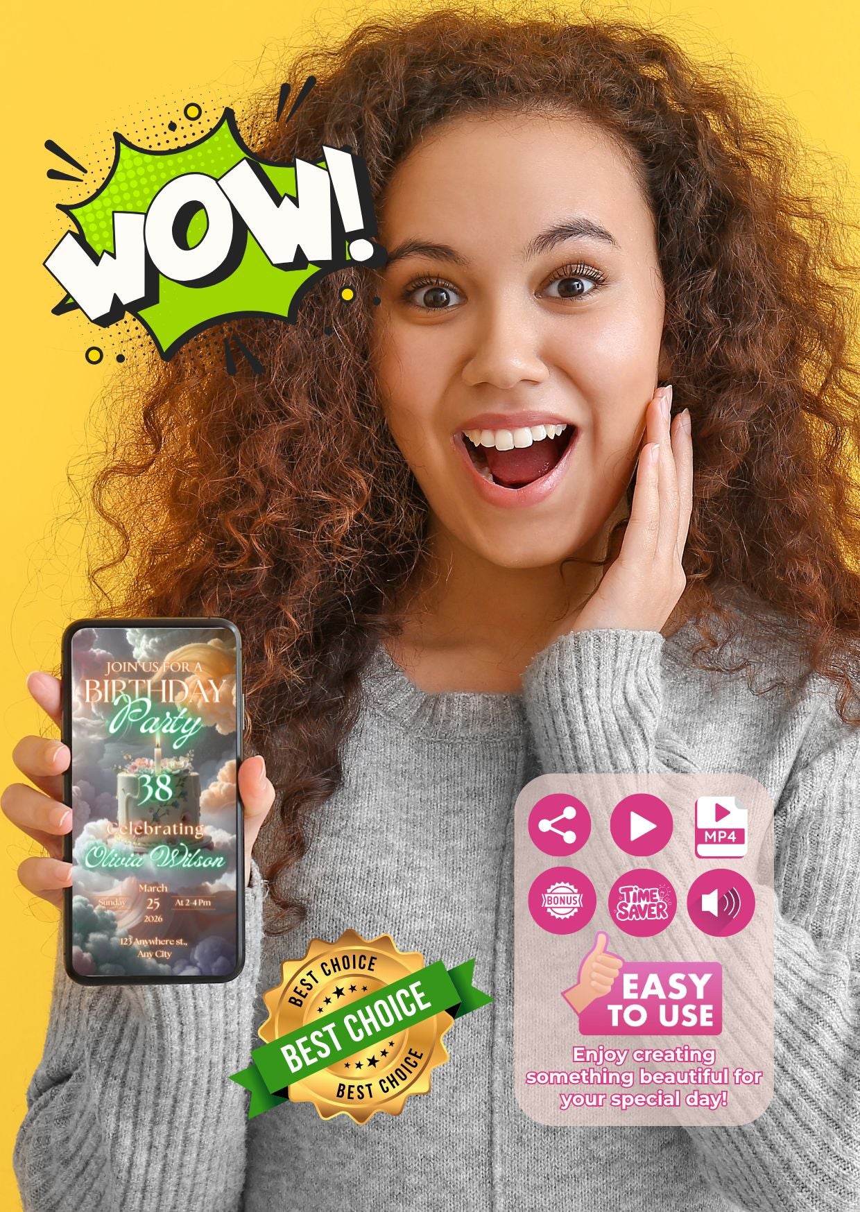 Cloud cake birthday video invitation – MP4 digital invite held in hand.