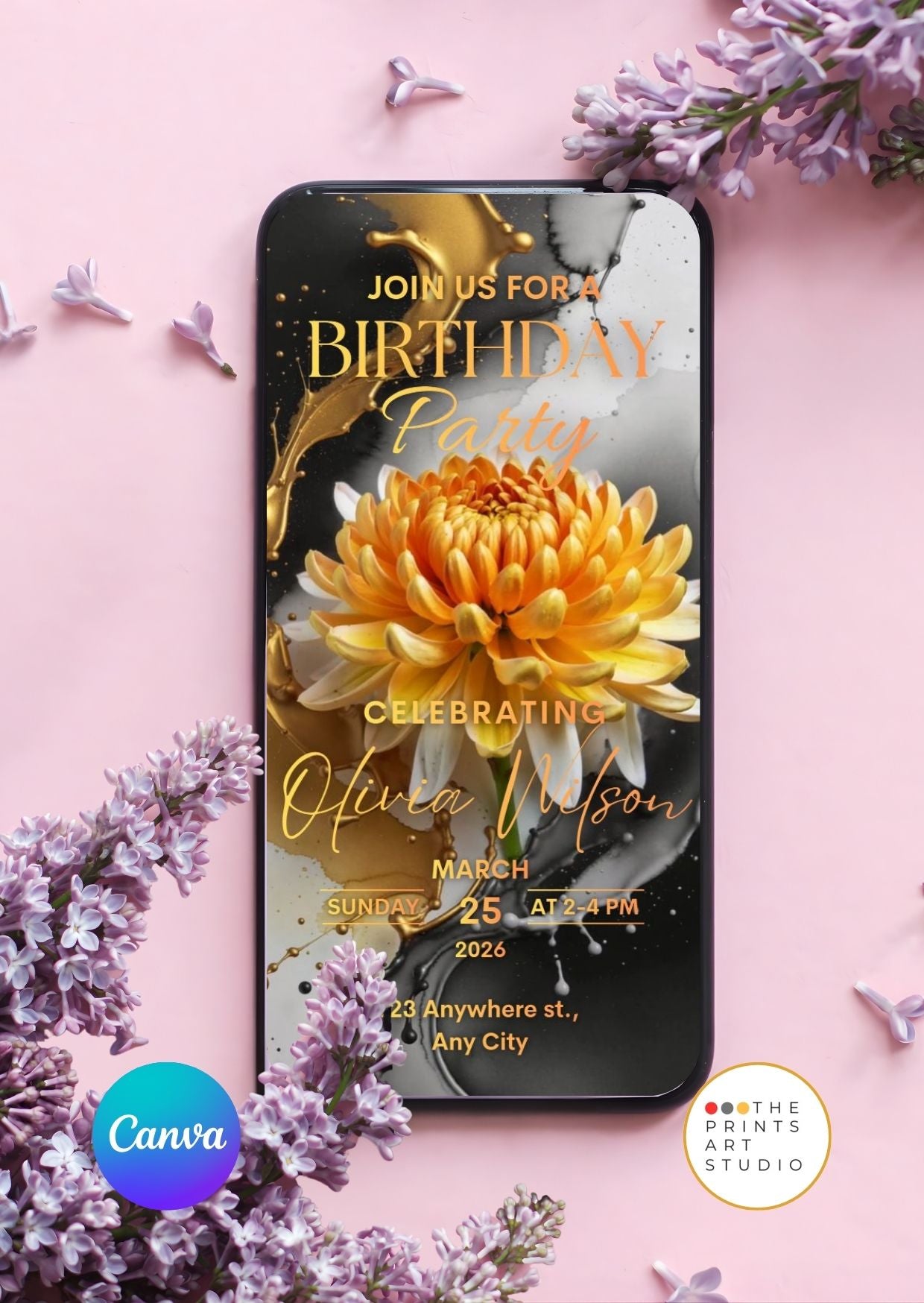 Editable Birthday Video Invitation Template Golden Floral Party Invite displayed on a phone with lavender accents.