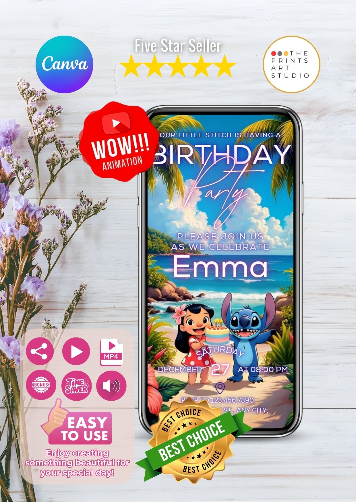 Lilo and Stitch birthday video invitation displayed on smartphone with tropical design and animation elements.
