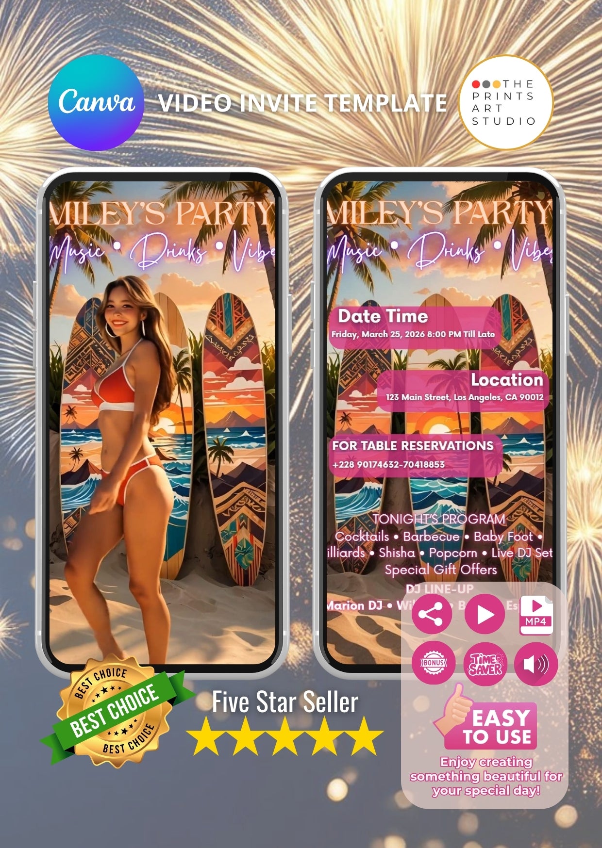 event video invitation template for bars and lounges, featuring summer party theme with fireworks and beach vibes
