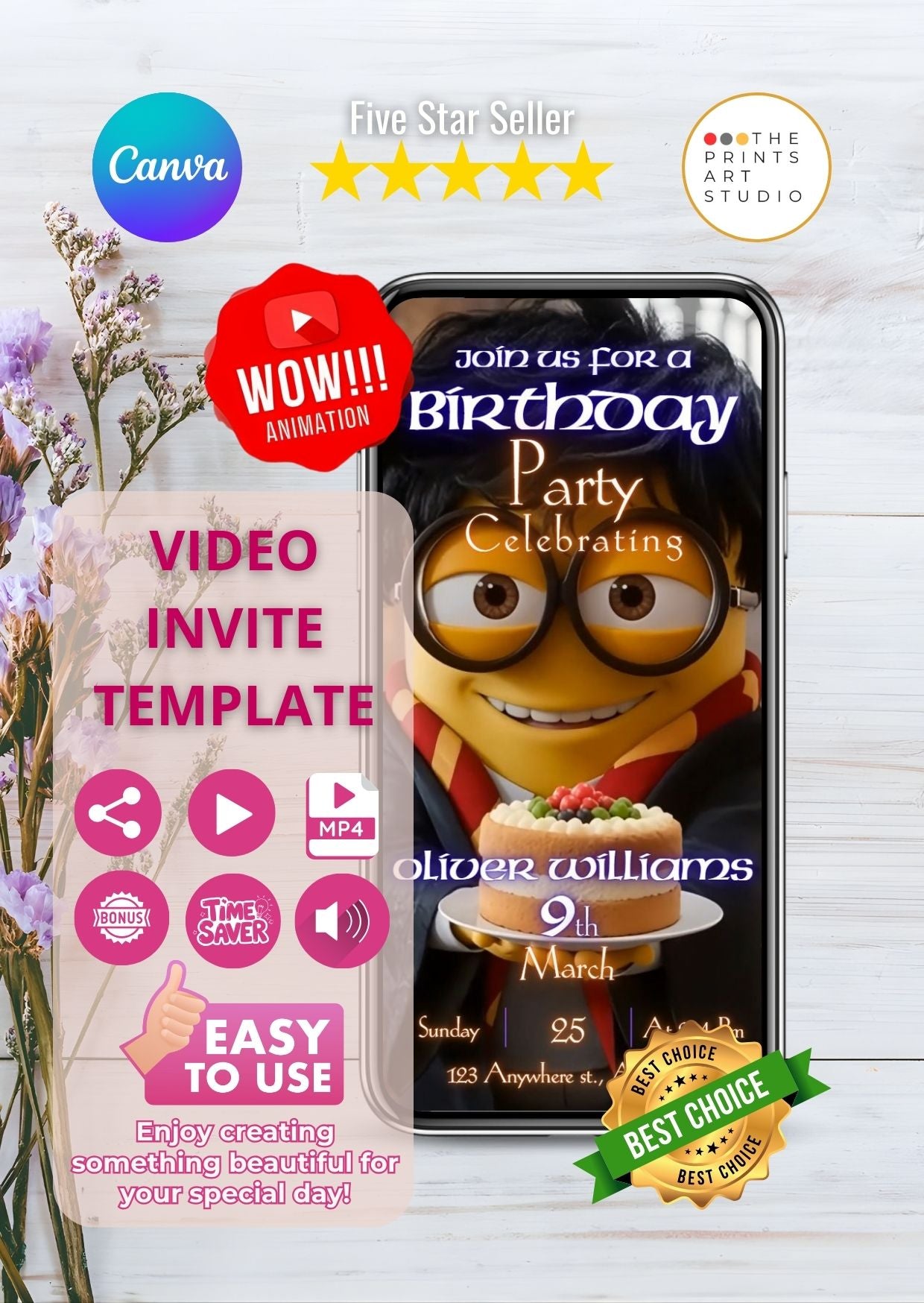 Harry Potter Minions birthday video invitation template with playful minion wizard theme on a smartphone screen