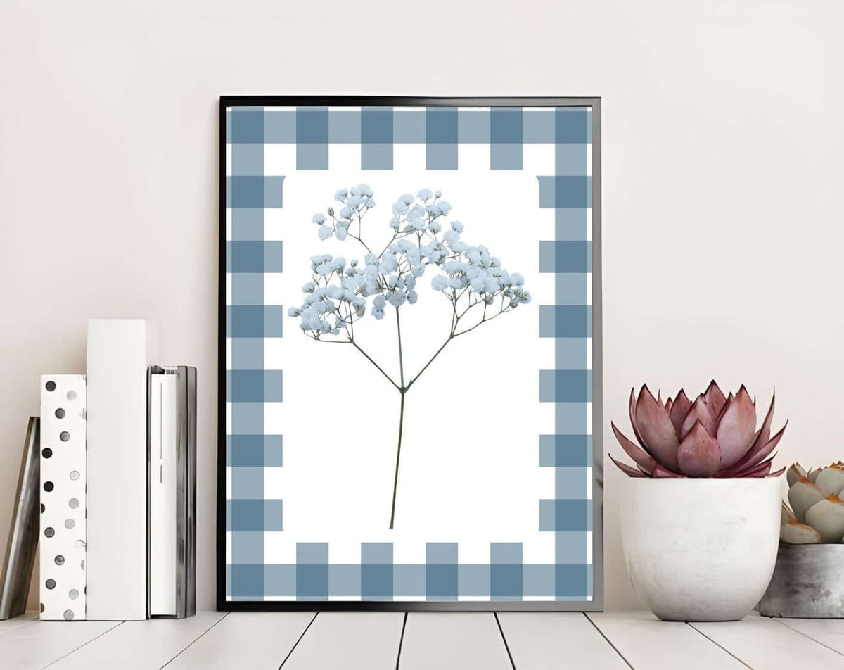 Blue Gingham Baby's Breath Print featuring blue floral design and gingham border, ideal for cottagecore and minimalist decor.