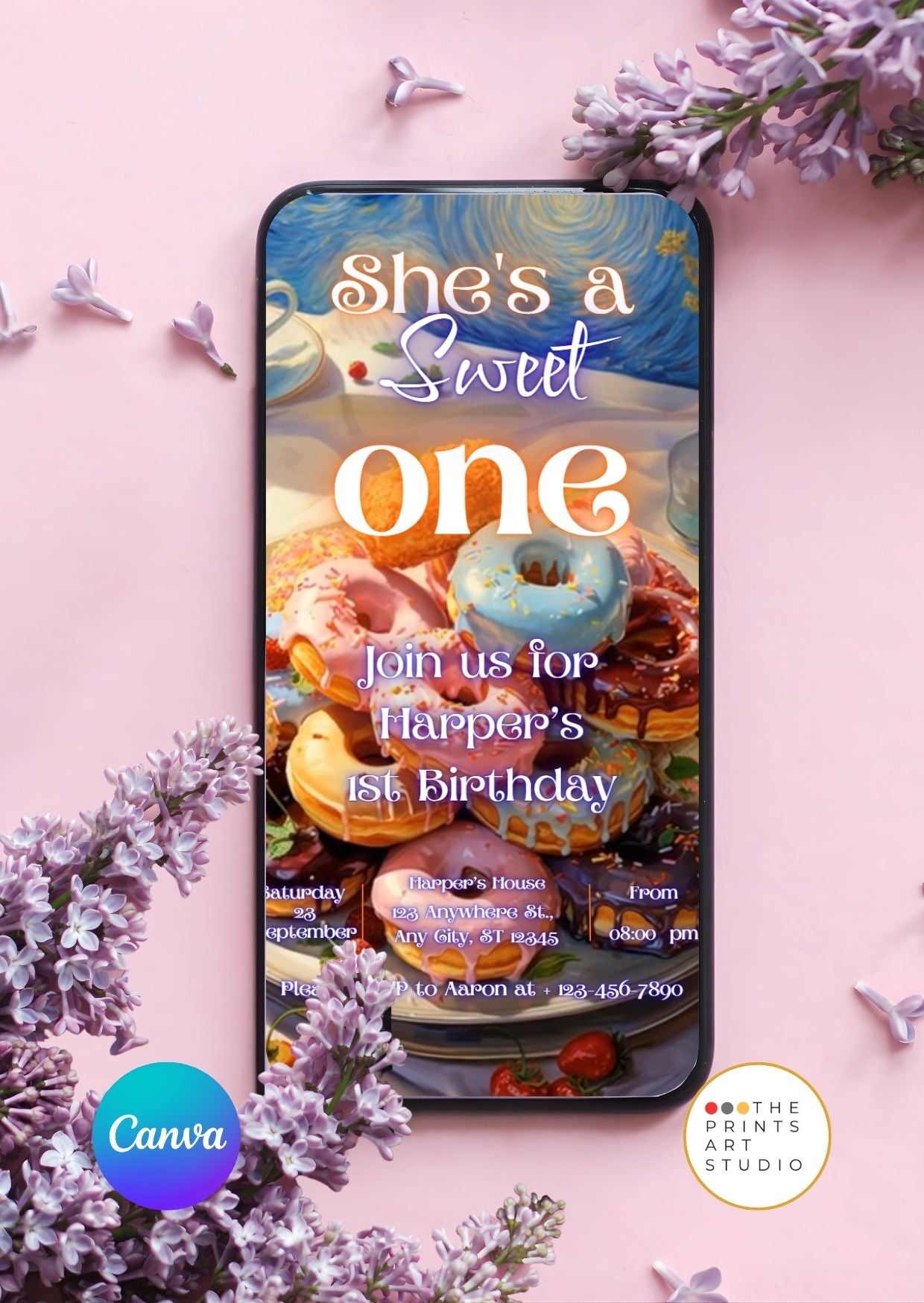 donut birthday video invitation displayed on a smartphone with colorful donuts and floral design