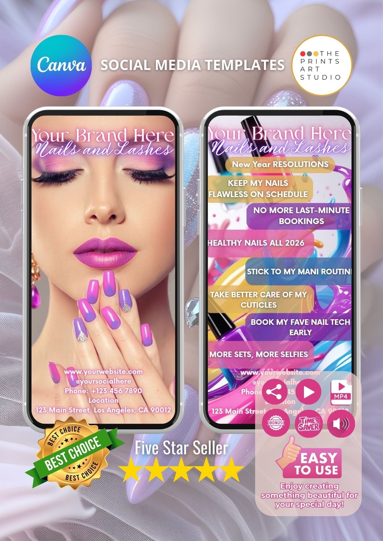 Nail salon promo video template on smartphones, showcasing vibrant nail designs and Canva branding for beauty professionals.