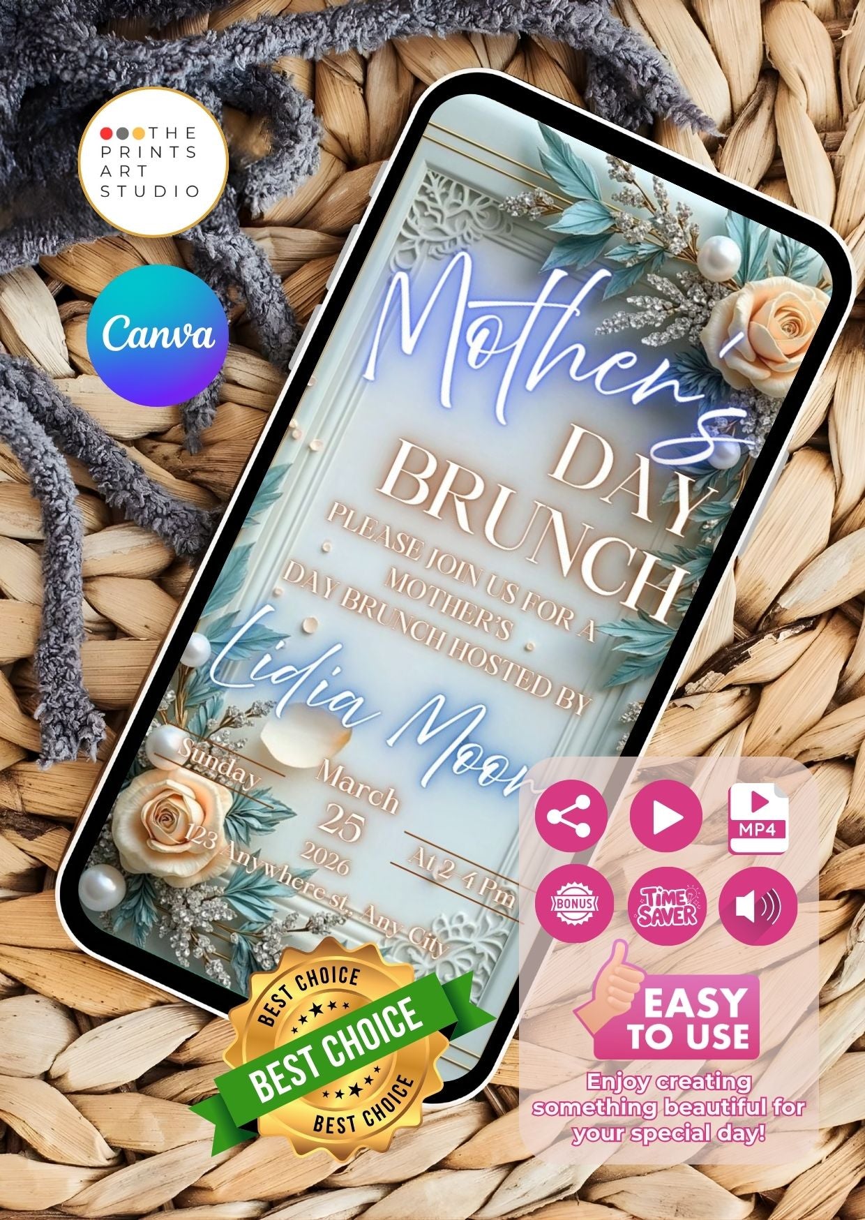 Mother’s Day Video Invitation for elegant brunch displayed on smartphone with floral design and Canva logo.