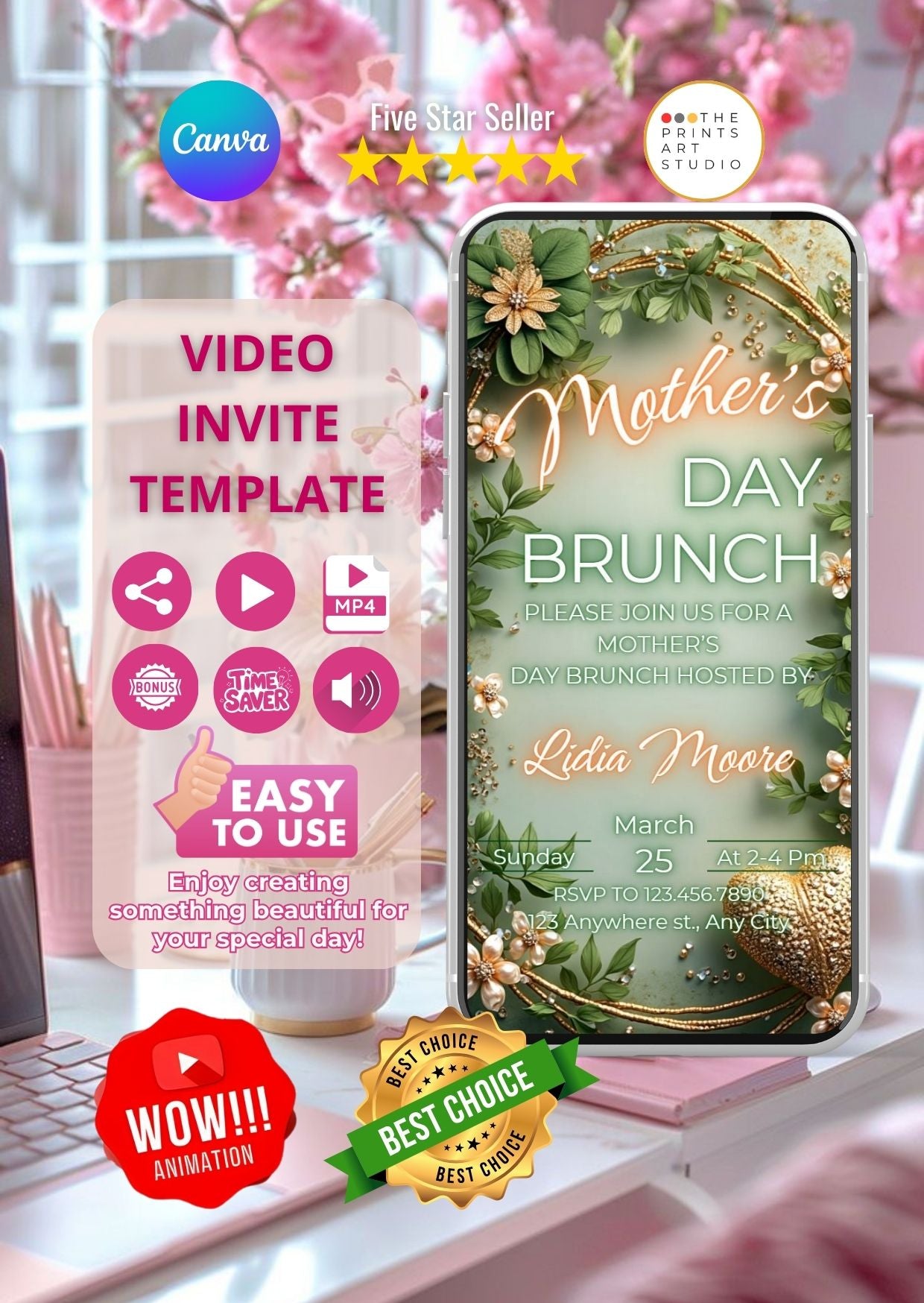 Family Brunch Video Invitation template on a smartphone screen, featuring floral design and editable Canva MP4 options.