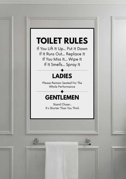 Funny Toilet Rules Sign – Humorous Bathroom Wall Art Printable | WC Decor Digital Download displayed above a towel rack
