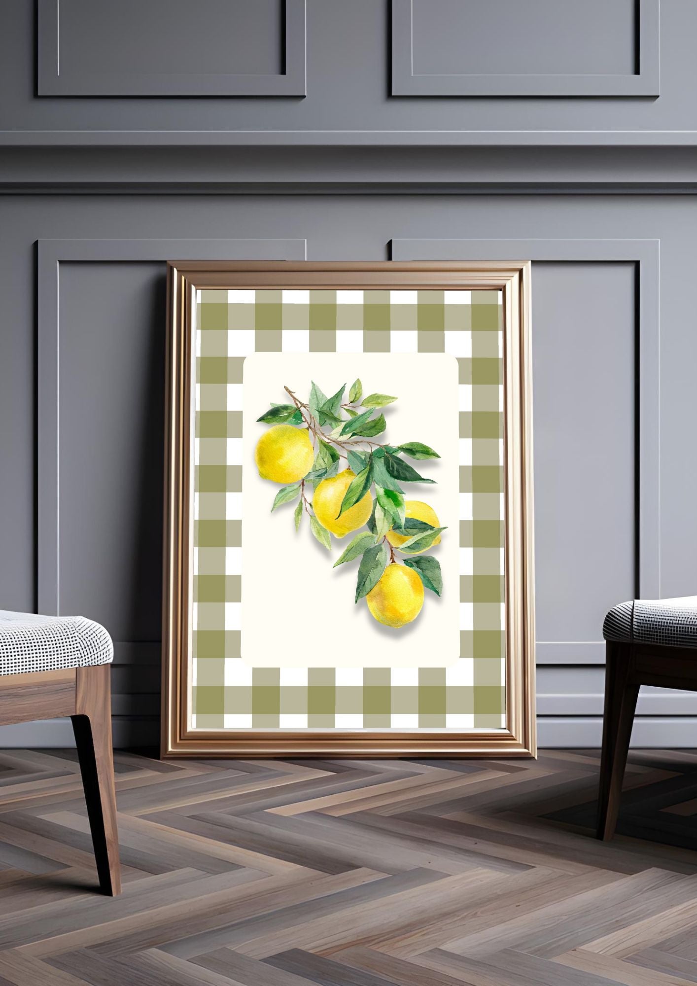 Lemon Kitchen Wall Art – Country Style Gingham Fruit Print – Fresh Summer Citrus Poster