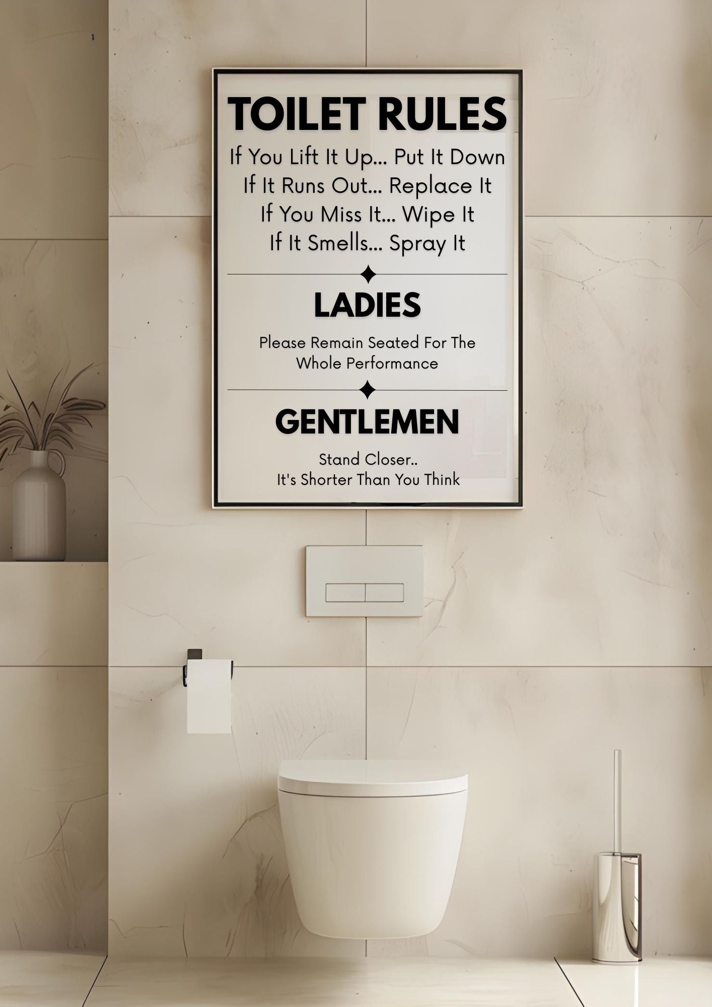 Funny Toilet Rules Sign – Humorous Bathroom Wall Art Printable in modern bathroom setting | WC Decor Digital Download