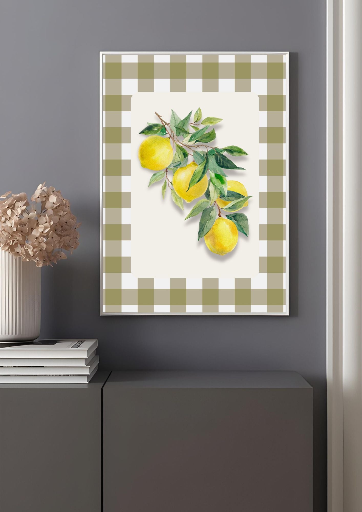 Lemon Kitchen Wall Art – Country Style Gingham Fruit Print – Fresh Summer Citrus Poster