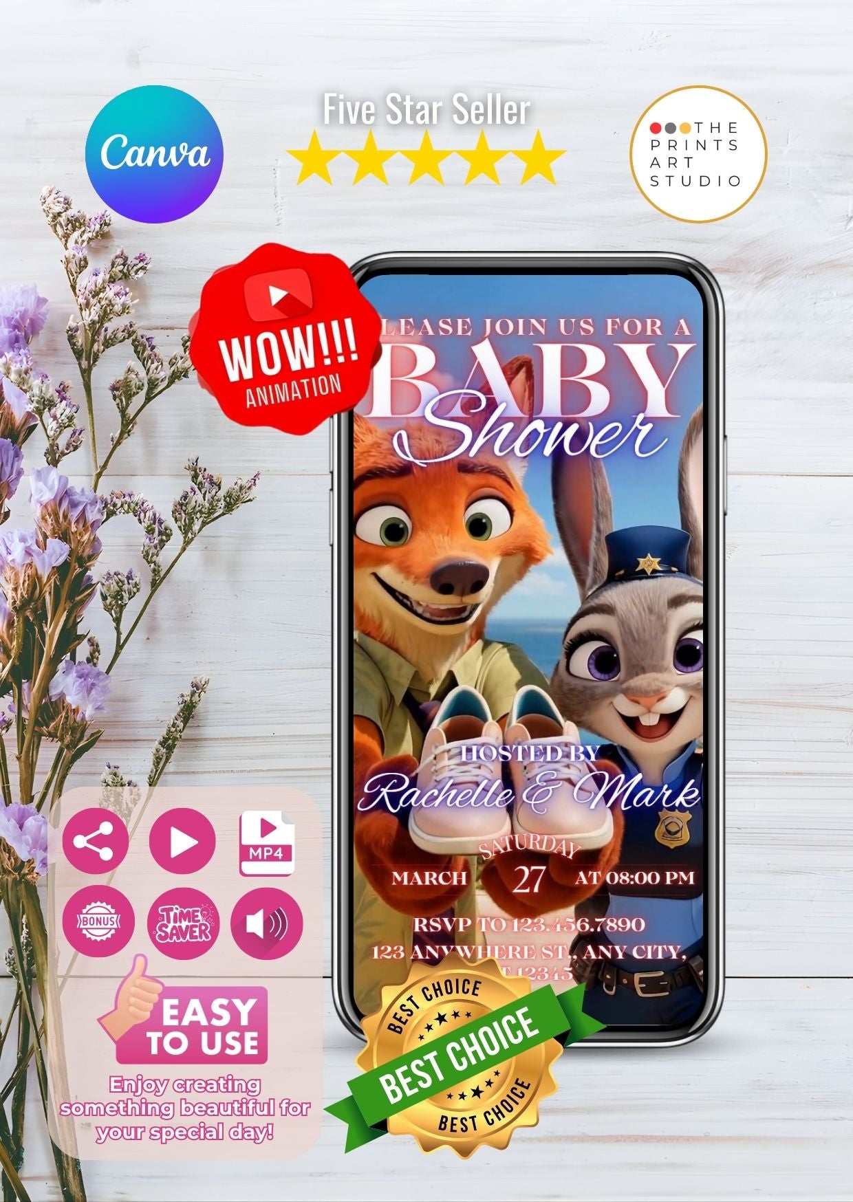 Zootopia baby shower video invitation on smartphone with animated characters and event details displayed on screen.