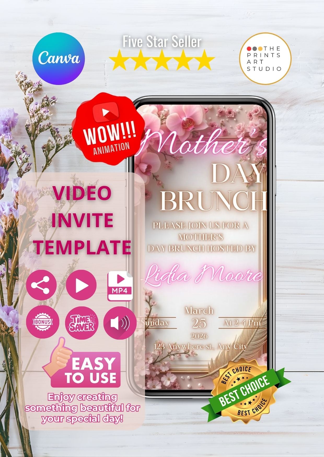Mother's Day Brunch Video Invitation with elegant floral design and easy-to-use template for a special celebration.