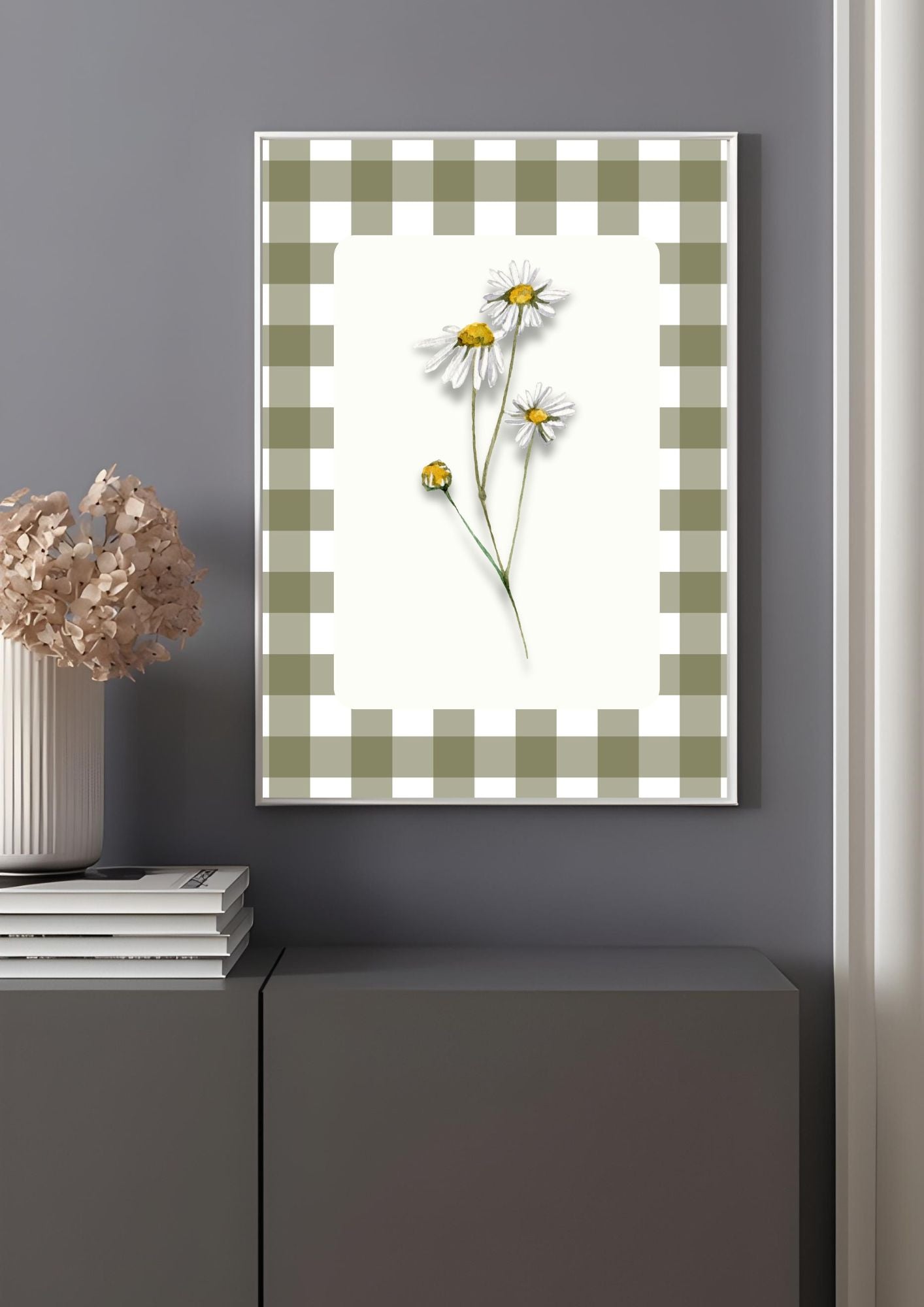 Summer Daisy Wall Art Printable – Farmhouse Kitchen Decor – Gingham Country Style Botanical Art