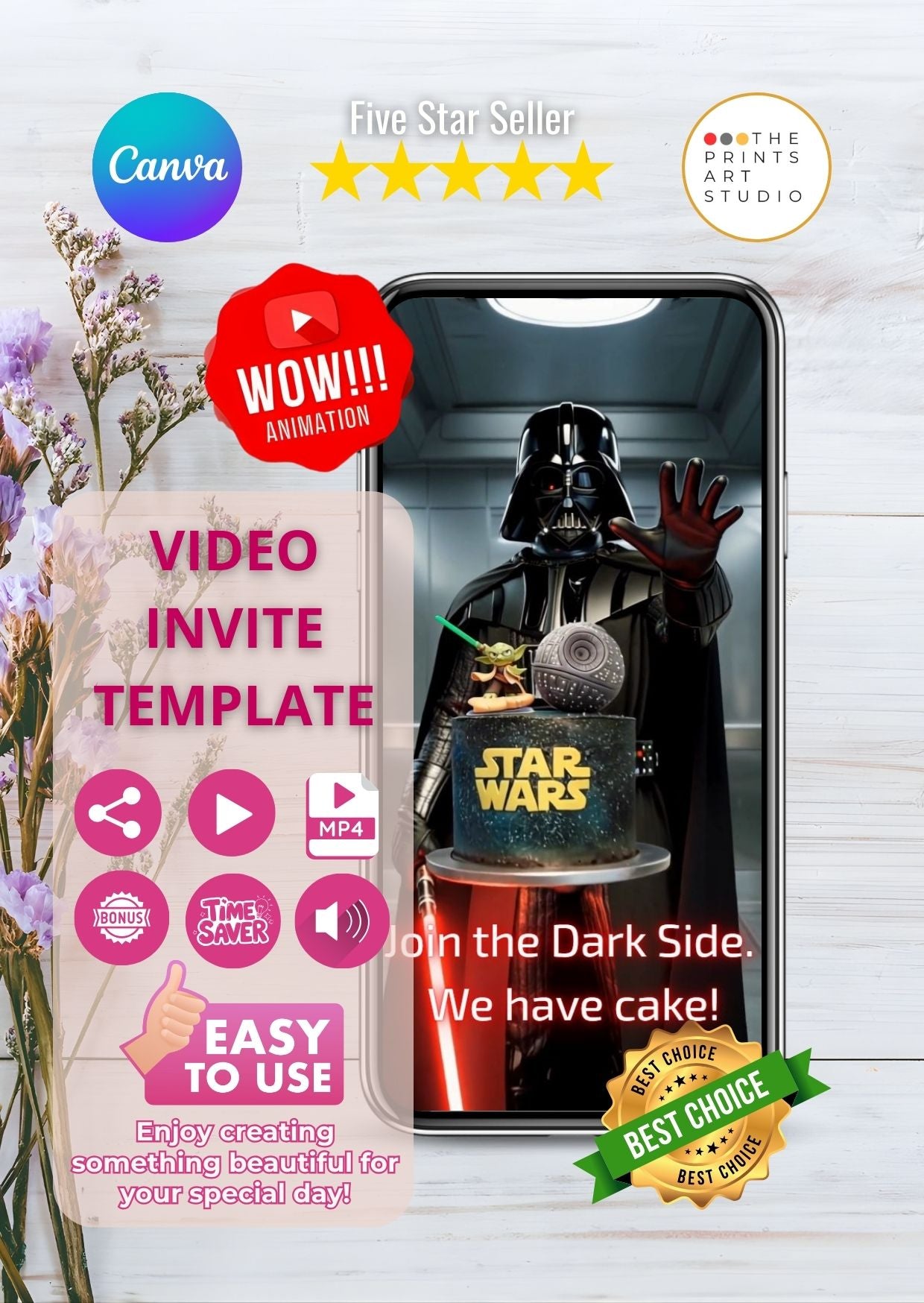 Star Wars Darth Vader Video Invitation template on a phone screen with cake design, editable on Canva.