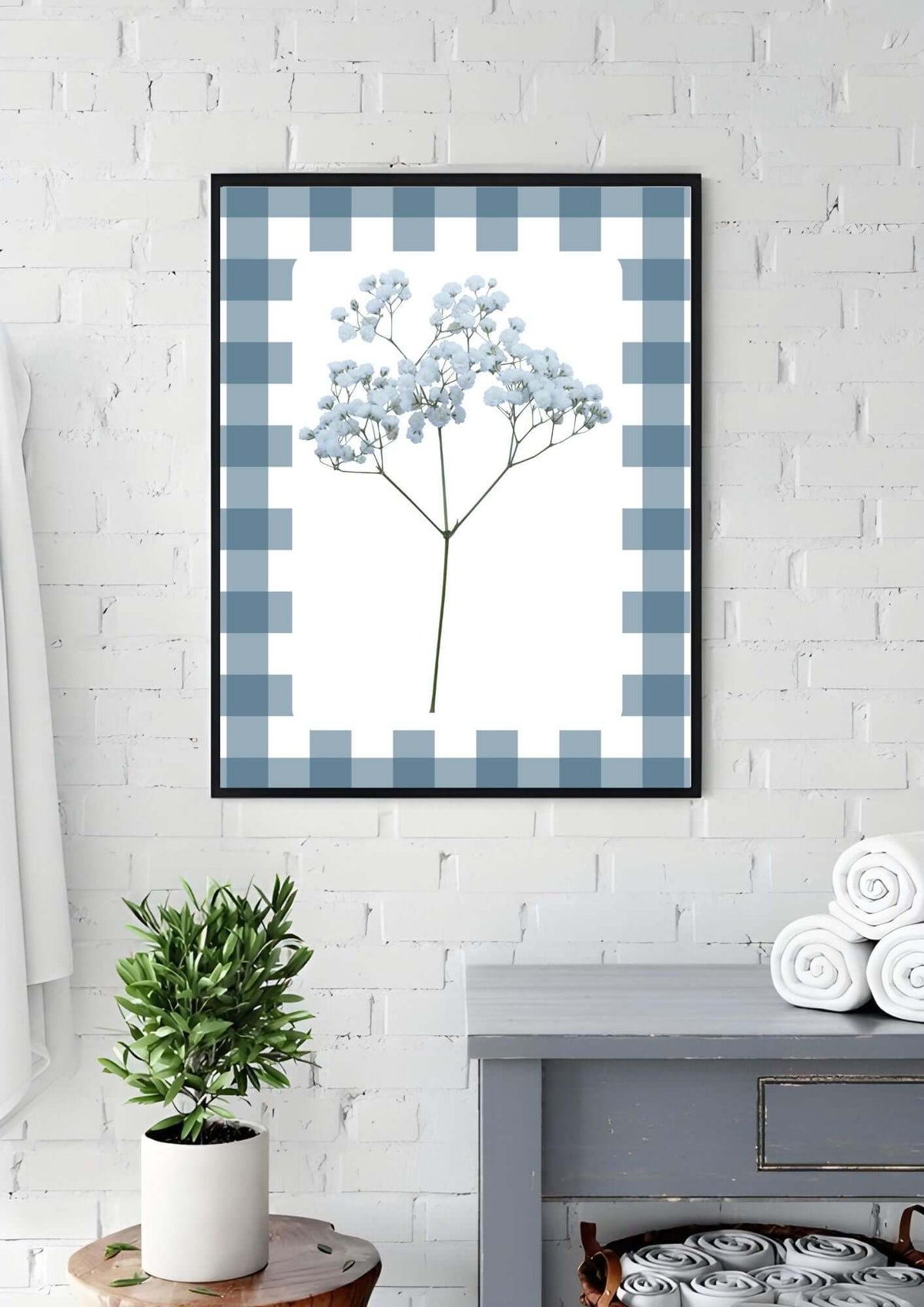 Framed Blue Gingham Baby's Breath Print with blue floral print and farmhouse decor