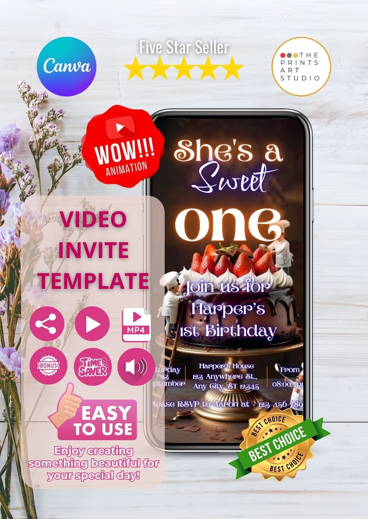 Sweet One Video Invitation Chocolate Birthday Invite featuring a smartphone with a chocolate-themed design and birthday details.