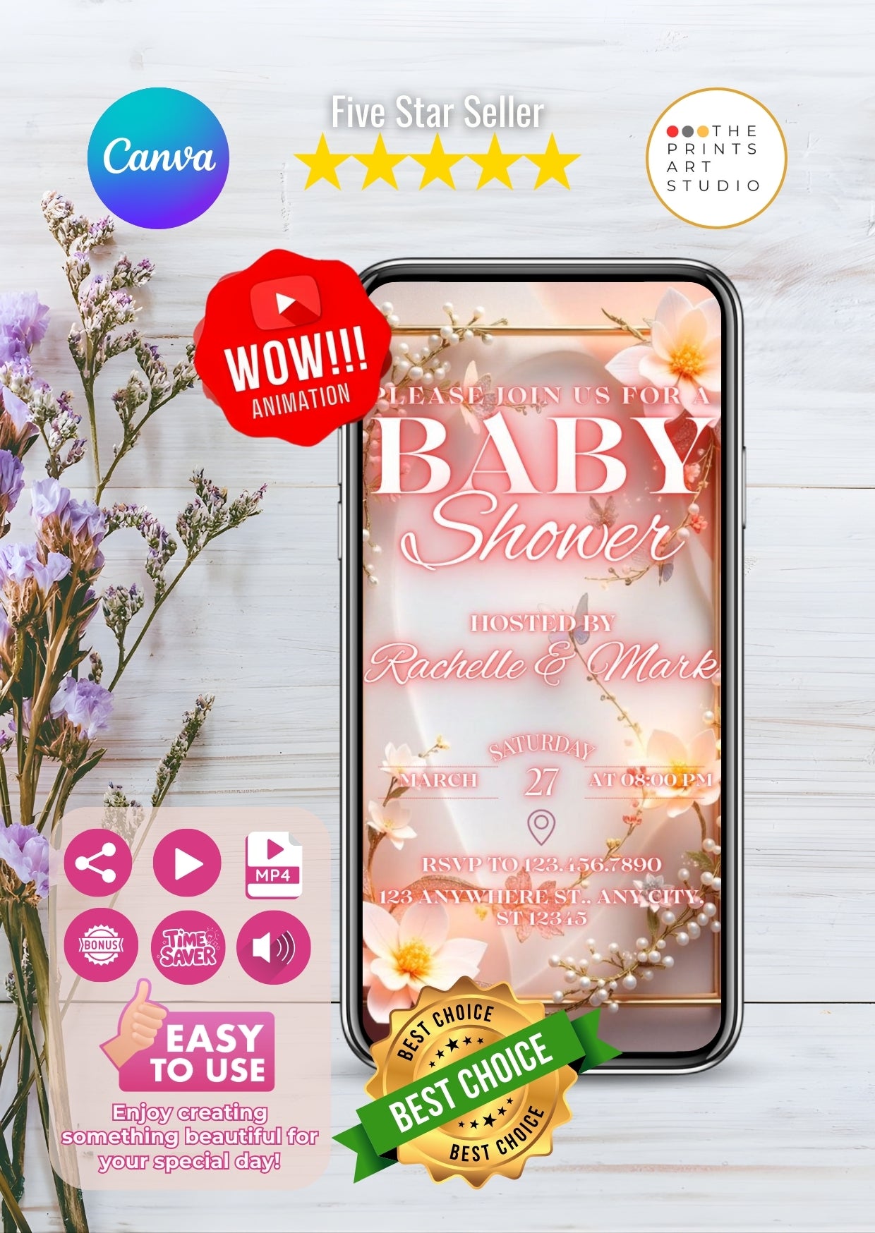 floral baby shower video invitation with soft pink tones and elegant floral details displayed on a smartphone screen