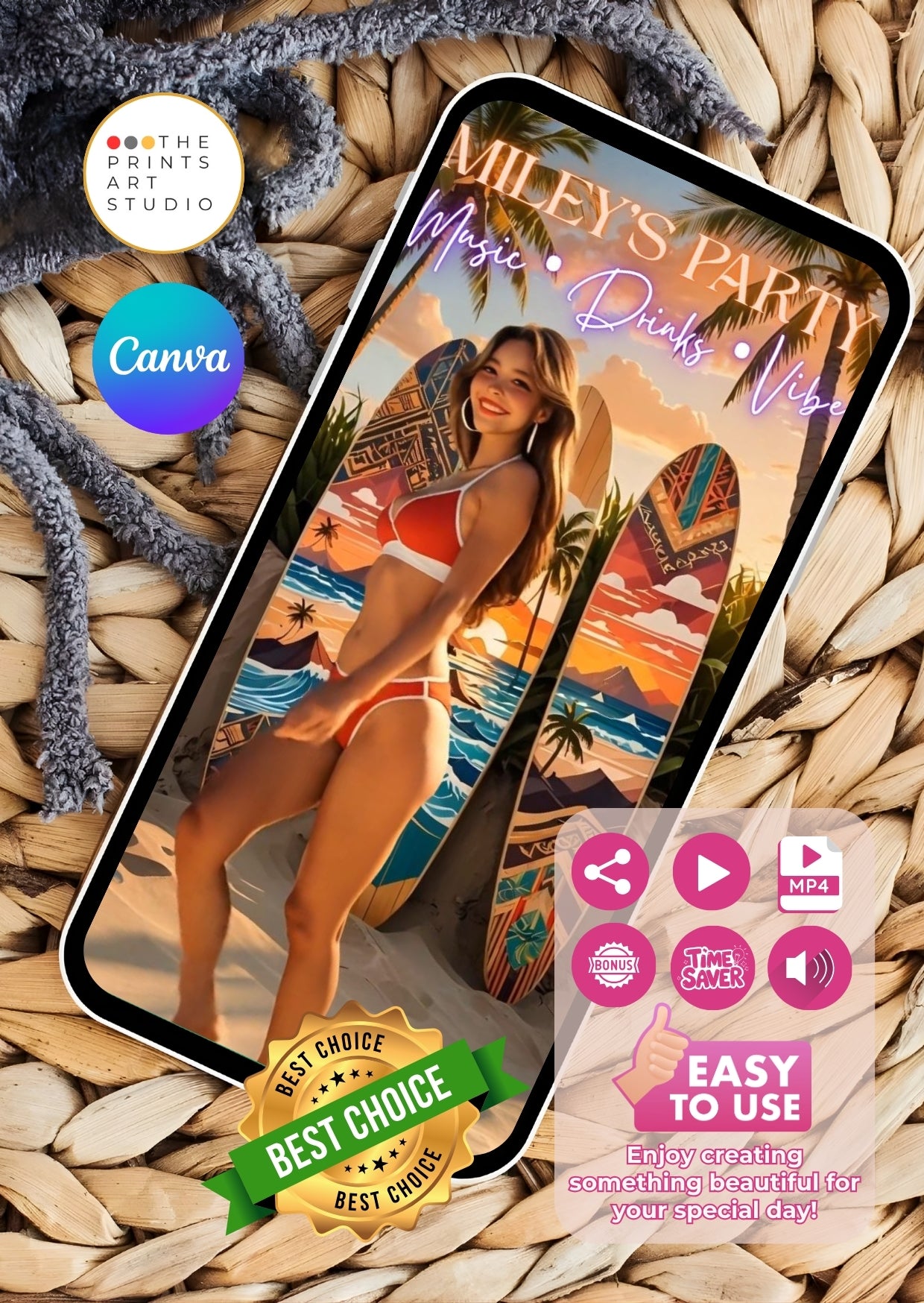 event video invitation template for bars and clubs showcasing vibrant beach party theme on smartphone screen