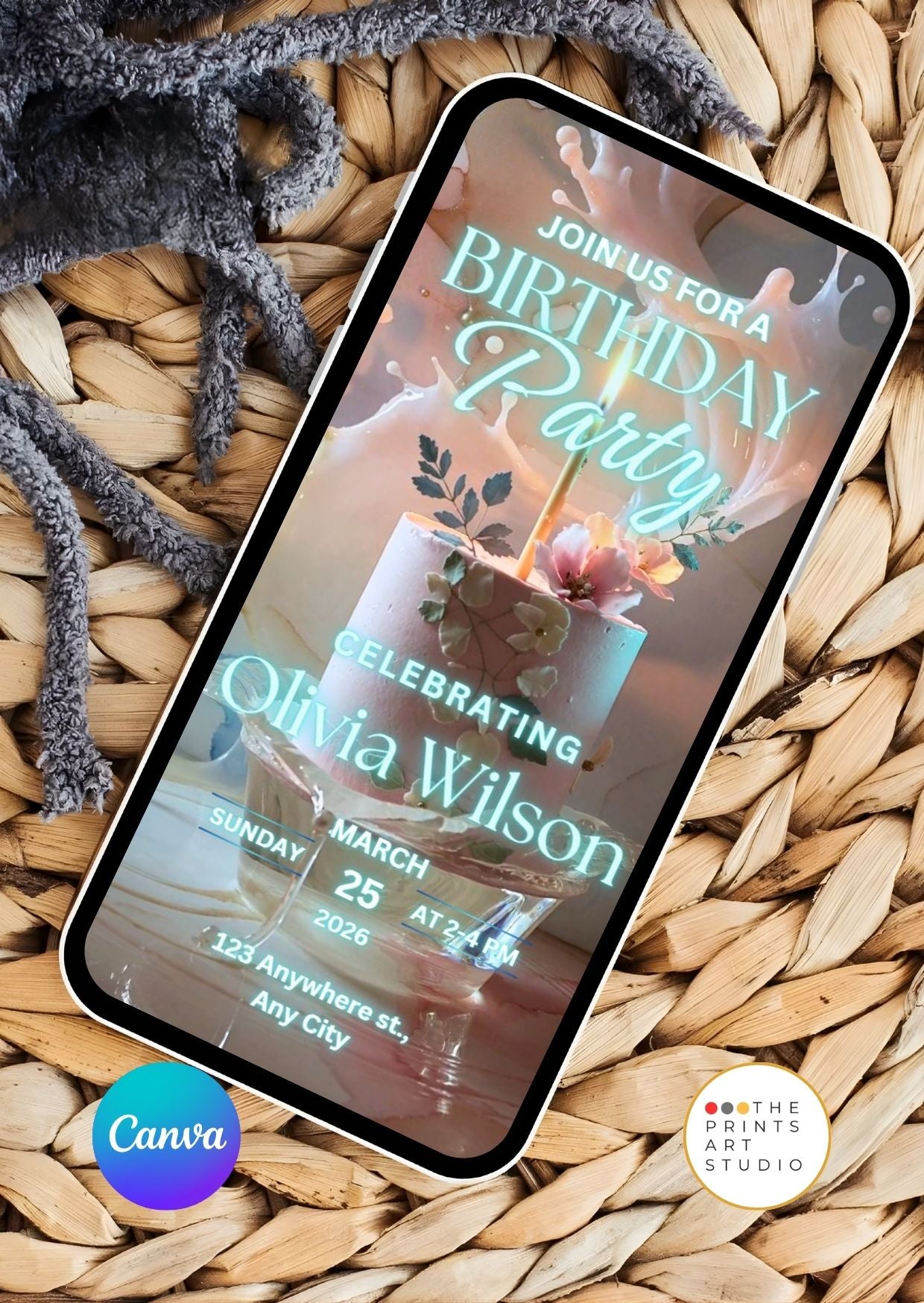 Editable birthday video invitation template ice light cake design on smartphone screen